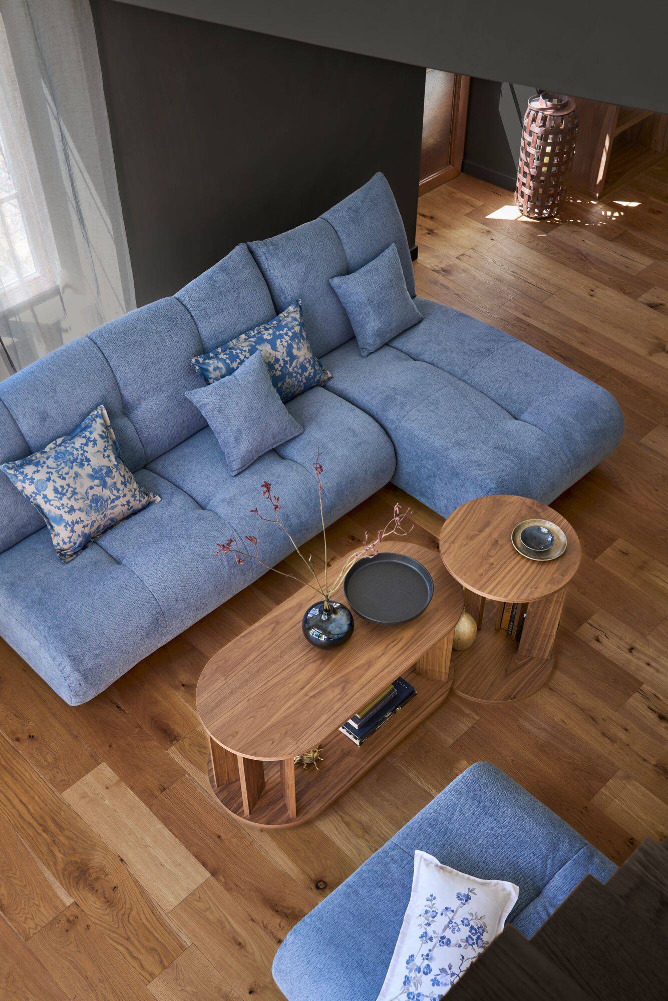 Coussin satin Shanghai CAMIF - Ecorce/Bleu nautique - 45 x 45 cm