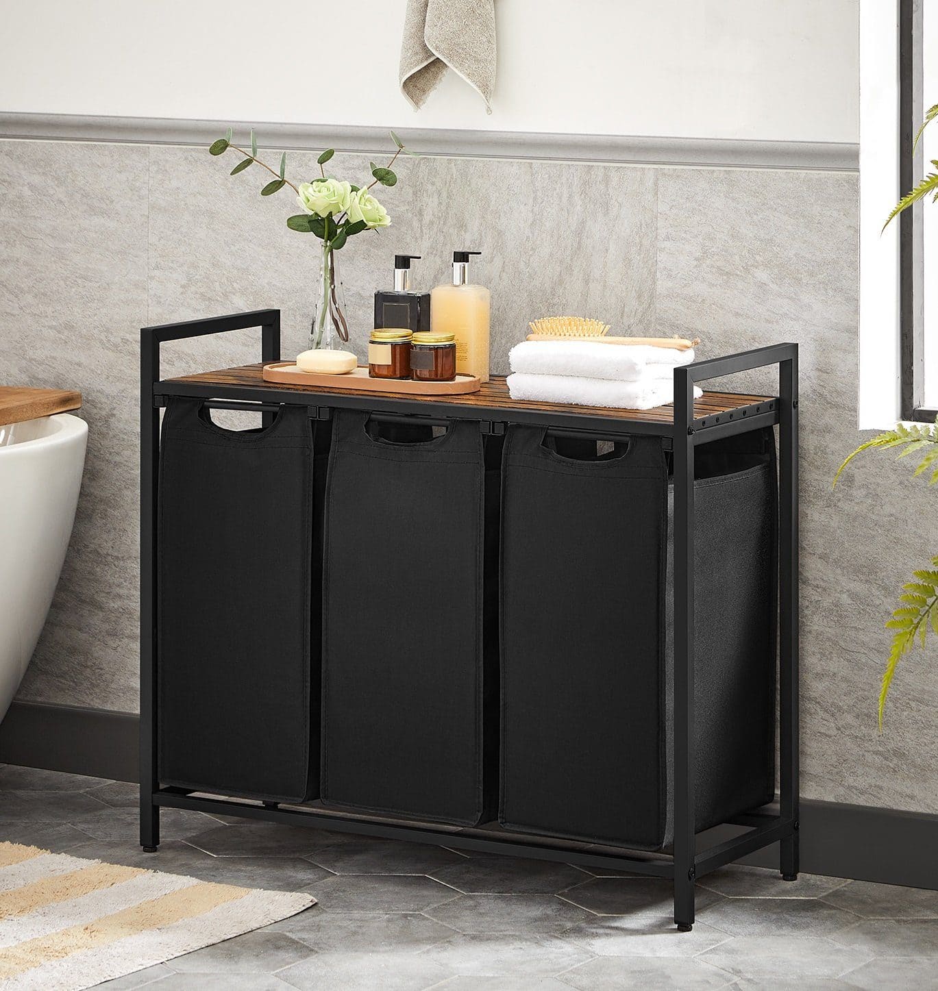 VASAGLE - Meuble Linge Sale, Meuble Panier à Linge, Rangement 3 Compartiments, 3 Sacs Amovibles en Tissu Oxford, Étagère, Cadre en Métal, 3 x 38L