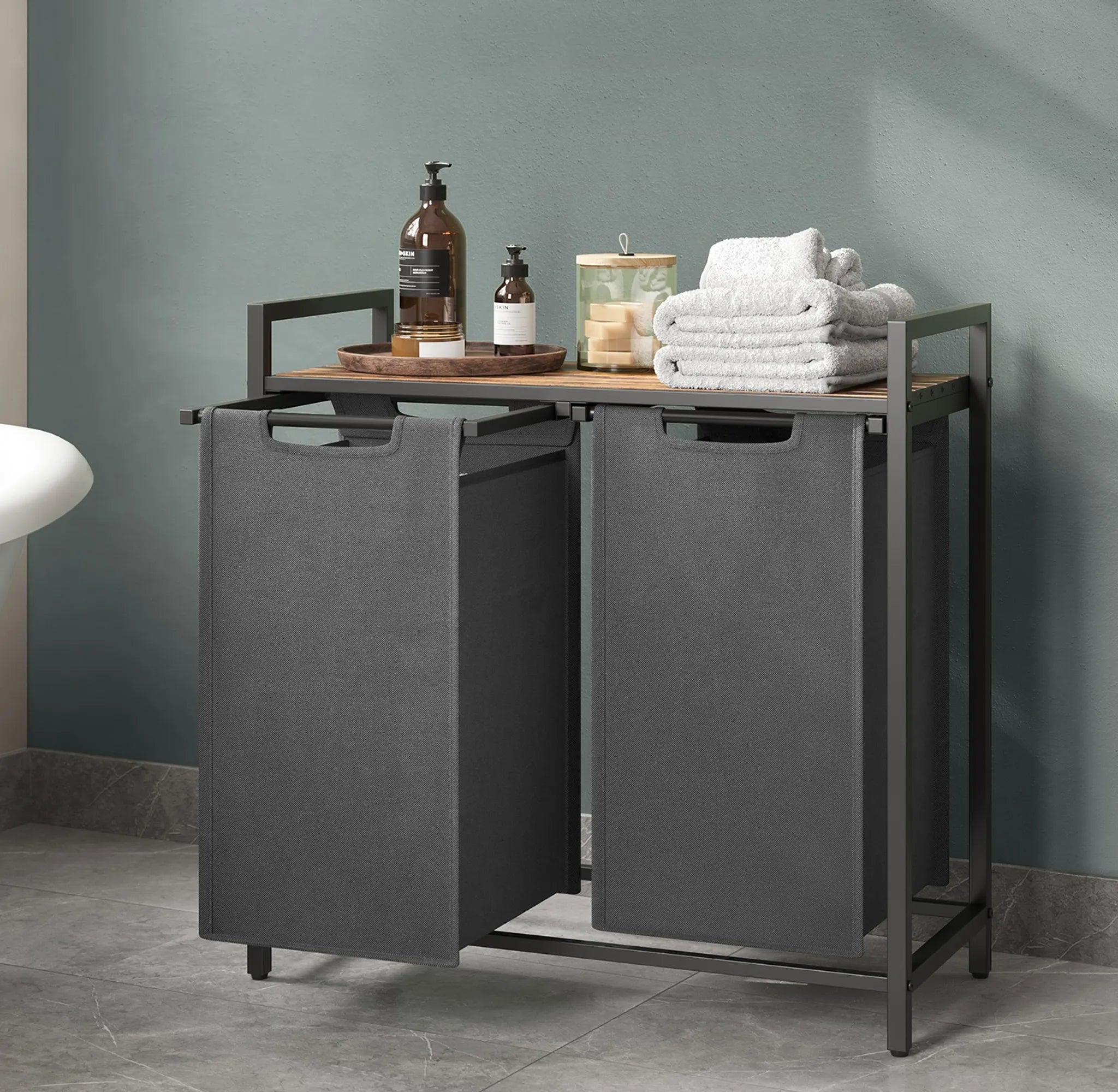 VASAGLE - Meuble Linge Sale, Meuble Panier à Linge, Corbeille à Linge Sale, 2 Étagère + 2 Compartiments, 2 Sacs Amovibles en Tissu Oxford, 2 x 46L