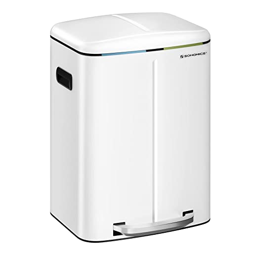 SONGMICS - Poubelle 40 L avec 2 compartiments, 2 x 20 L, poubelle, poubelle à pédale en métal, avec couvercle à charnière et poignées, blanc
