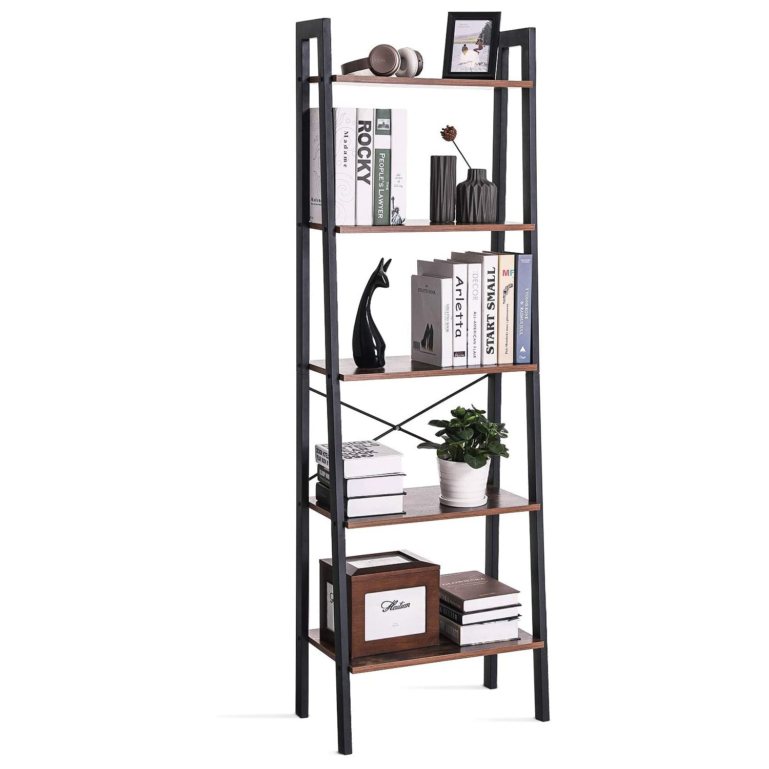 VASAGLE - Étagère Vintage en escalier, Bibliothèque à 5 niveaux, Rangement, avec cadre métallique, pour Salon, Cuisine, Vintage, Noire