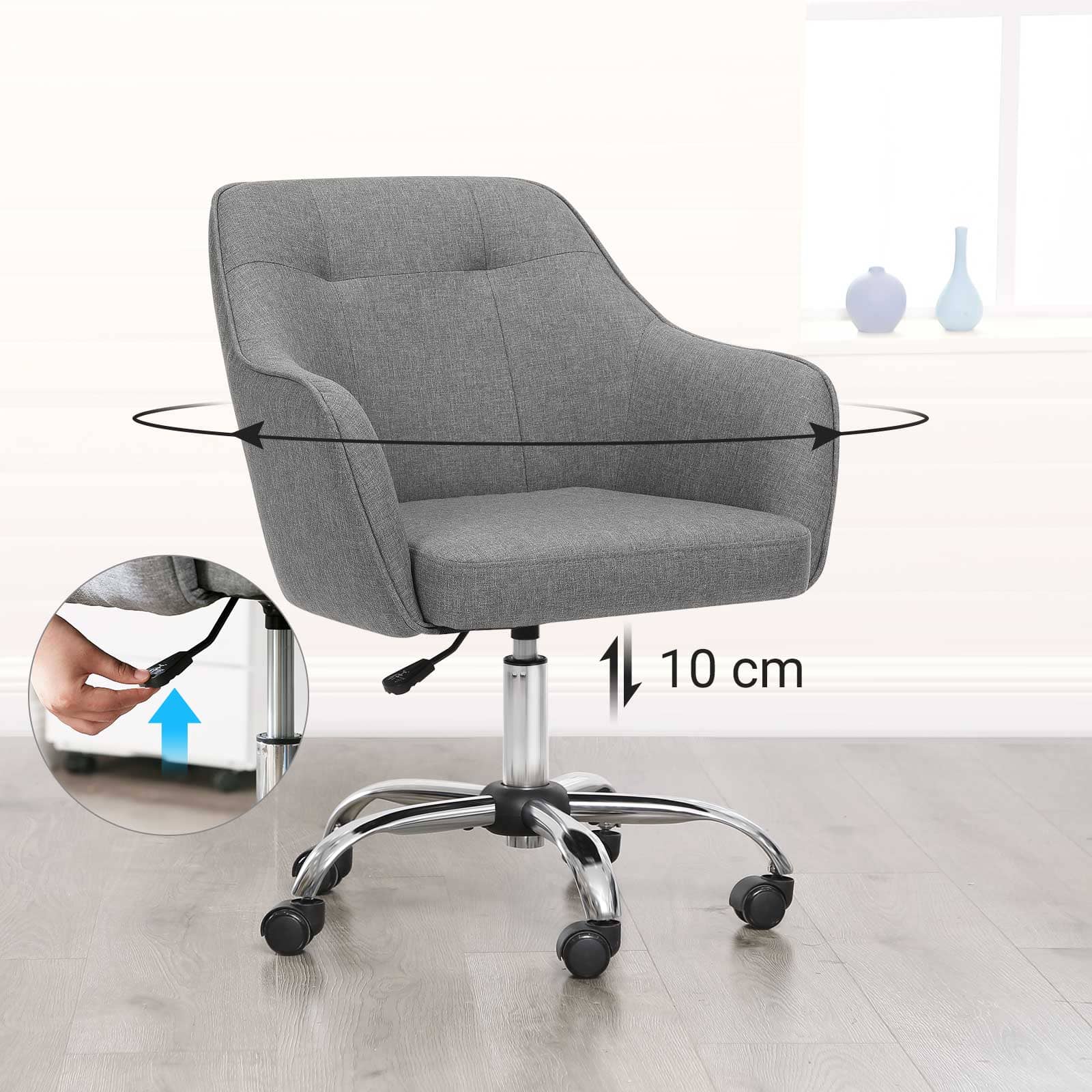 SONGMICS - Fauteuil de bureau, Chaise pivotanteconfortable, Siège ergonomique, réglable en hauteur, charge 120 kg, pour bureau, Gris