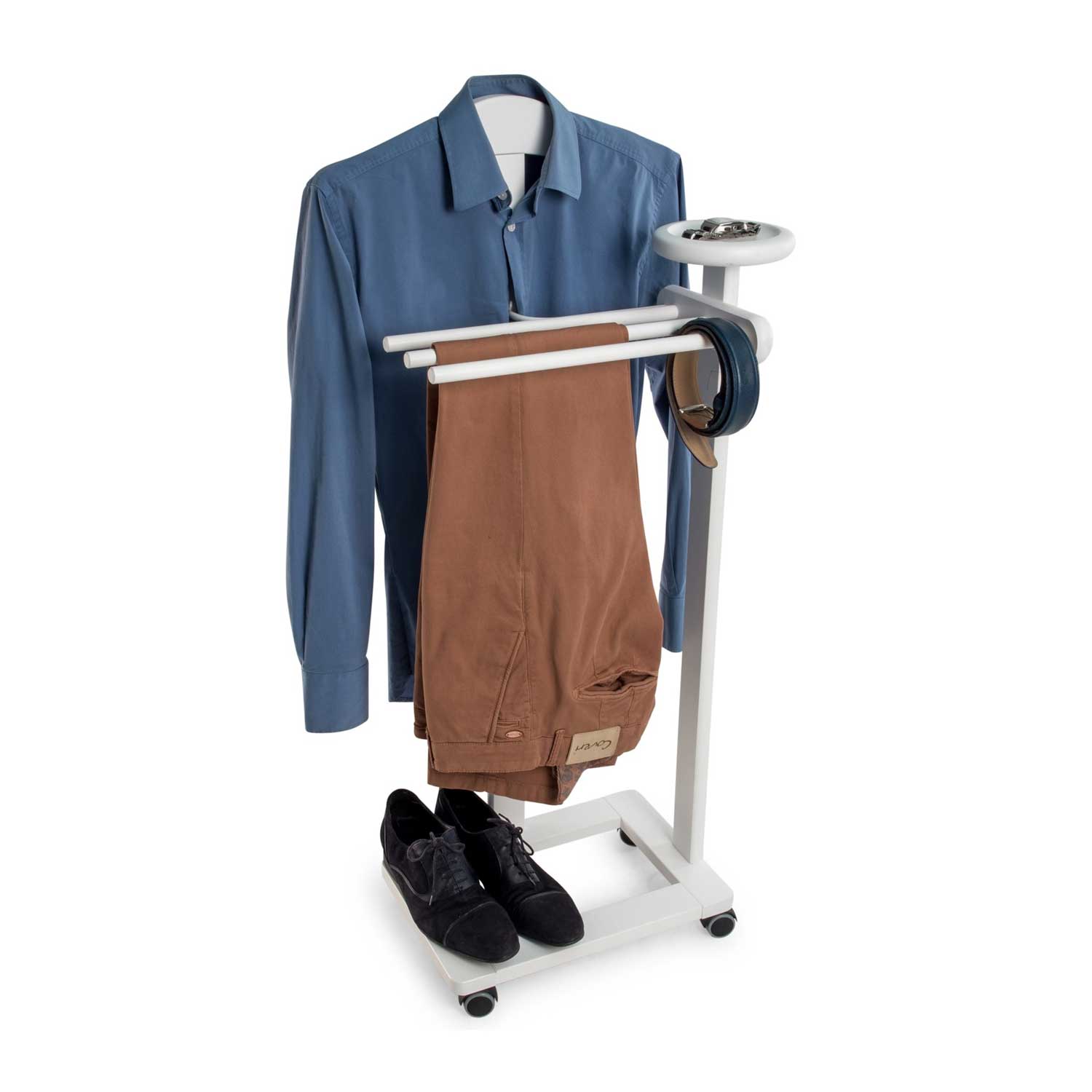 ARIT ANTIMO - Valet Vetement, Valet de Chambre Bois, Composé d'un cintre, de 3 porte-pantalons et d'une tablette de rangement, Couleur Blanc