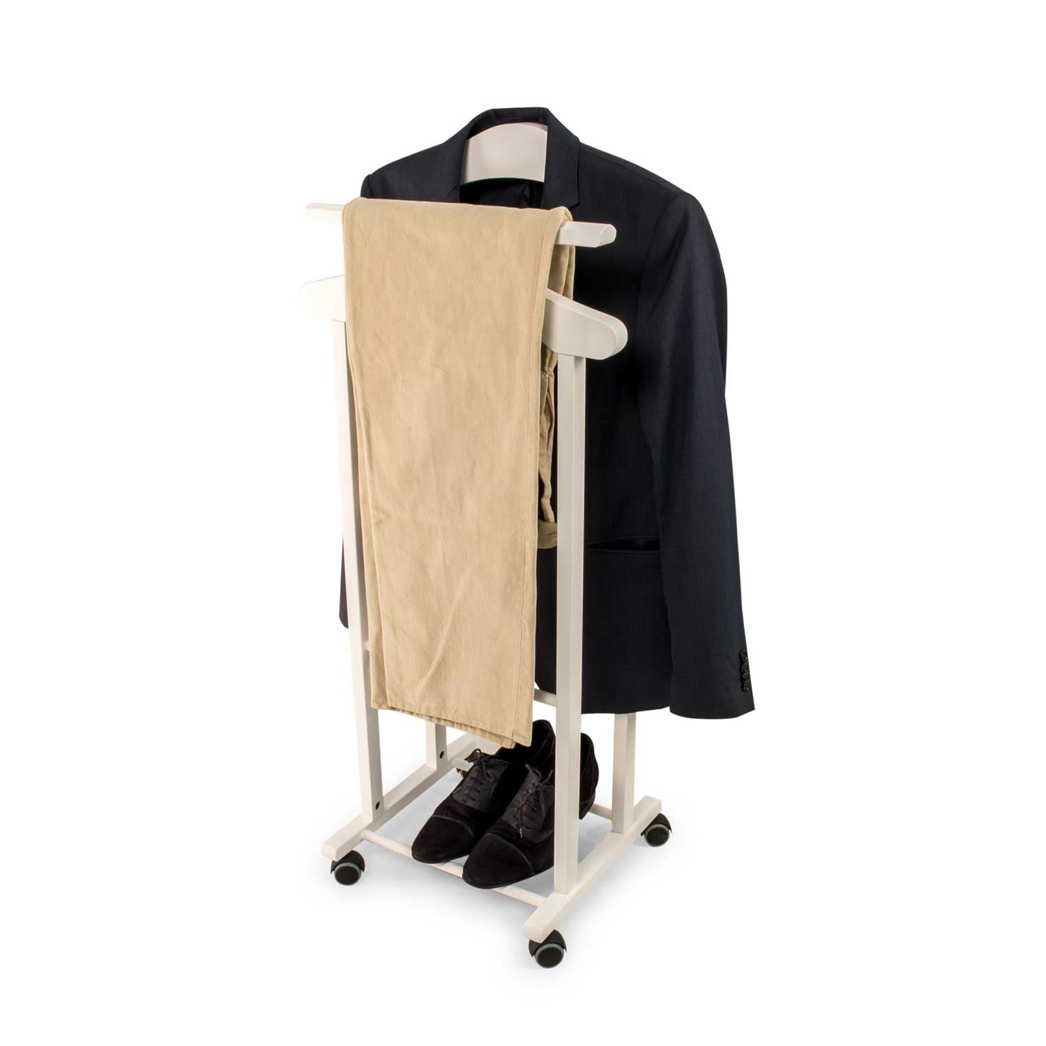 ARIT - Chevalet Vetement TRENDY, Valet de Chambre Bois, composé de 2 cintres et d'un porte-pantalon, pieds en caoutchouc à la base - Couleur blanche
