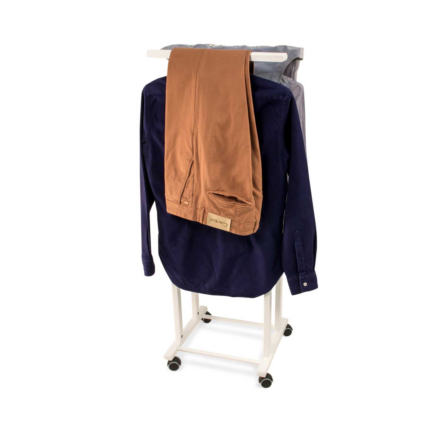 ARIT - Valet de Nuit CLEVER, Valet de Chambre Bois, Composé de 2 cintres et de 2 porte-pantalons, pieds en caoutchouc à la base - Couleur blanche