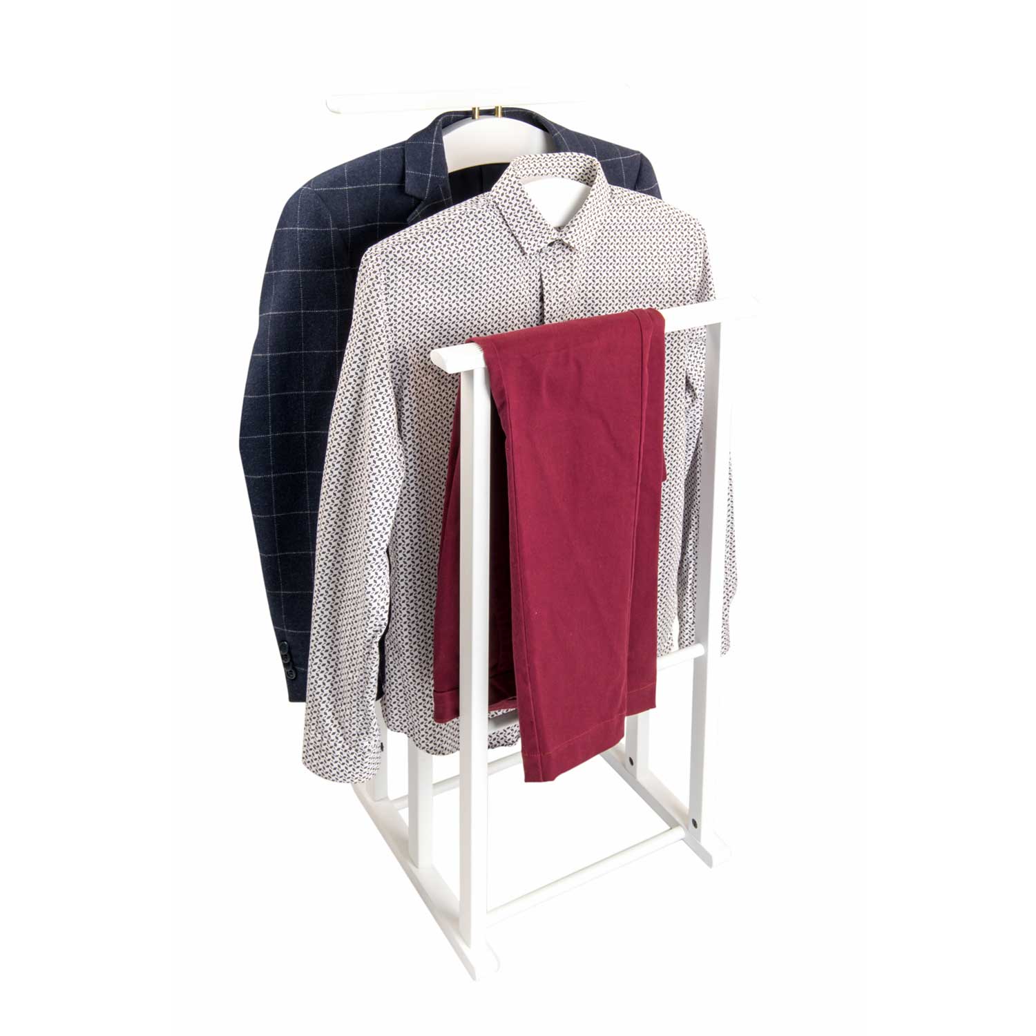 ARIT MAXI - Chevalet Vetement, Valet de Chambre Bois, composé de 2 cintres et de 2 porte-pantalons, pieds en caoutchouc à la base, Couleur Blanc