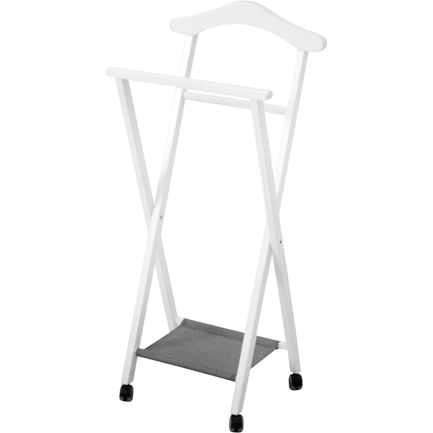 ARIT - Valet Vetement NELSON, Valet de Chambre Bois, Pliable, Composée Cintre, Porte-Pantalon et Tablette à Chaussures en Textilène - Couleur Blanche