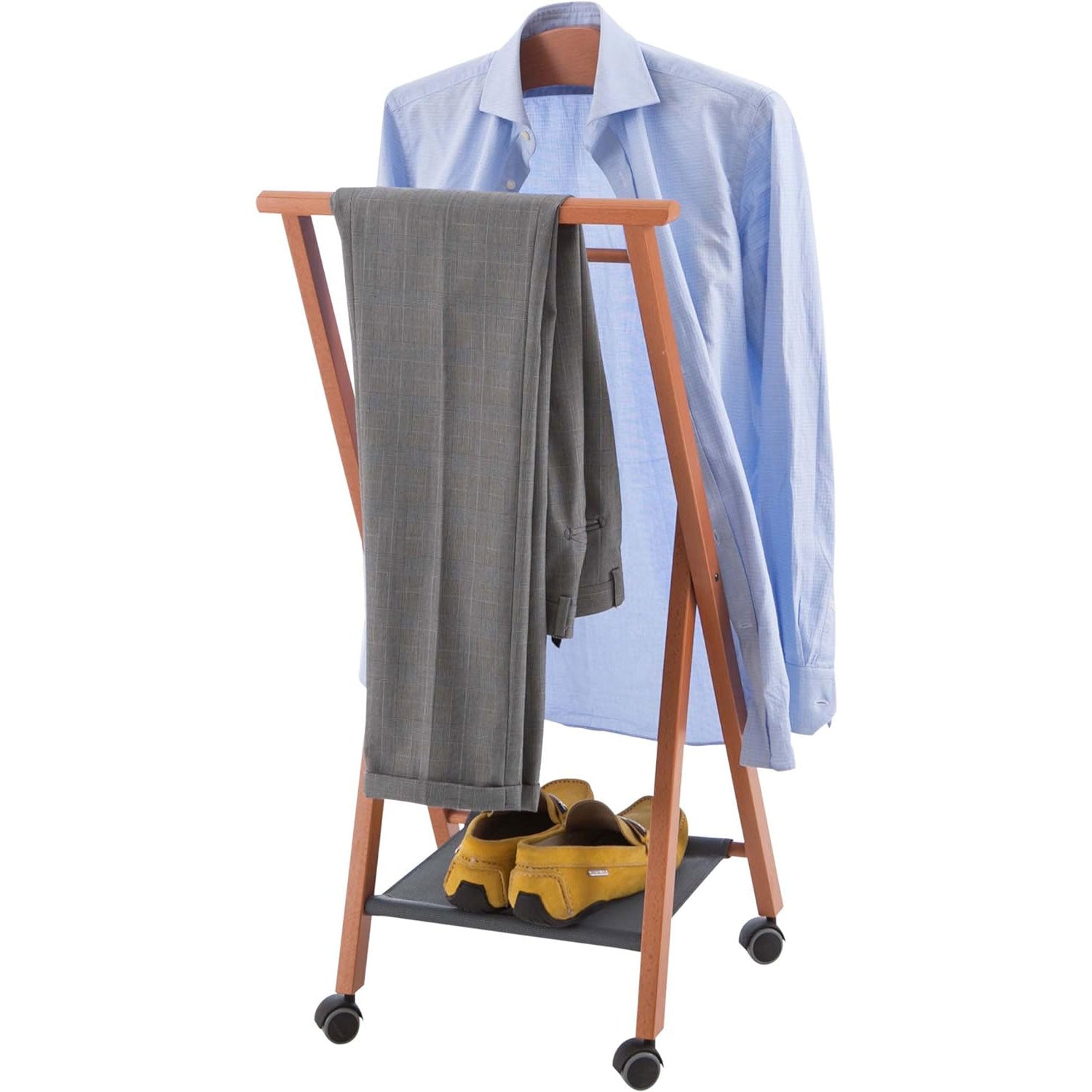 ARIT - Valet de Nuit NELSON, Valet de Chambre Bois, Pliable, Composée Cintre, Porte-Pantalon et Tablette à Chaussures en Textilène - Couleur Cerise