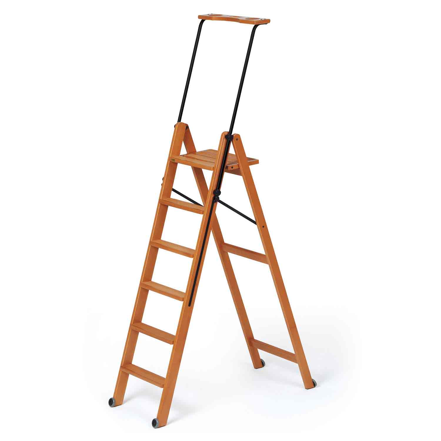 ARIT TUSCANIA 6 - Escabeau Bois, escabeau 6 marches, antidérapantes, système de sécurité, Escabeau Pliable, compartiment de rangement supérieur, roulettes