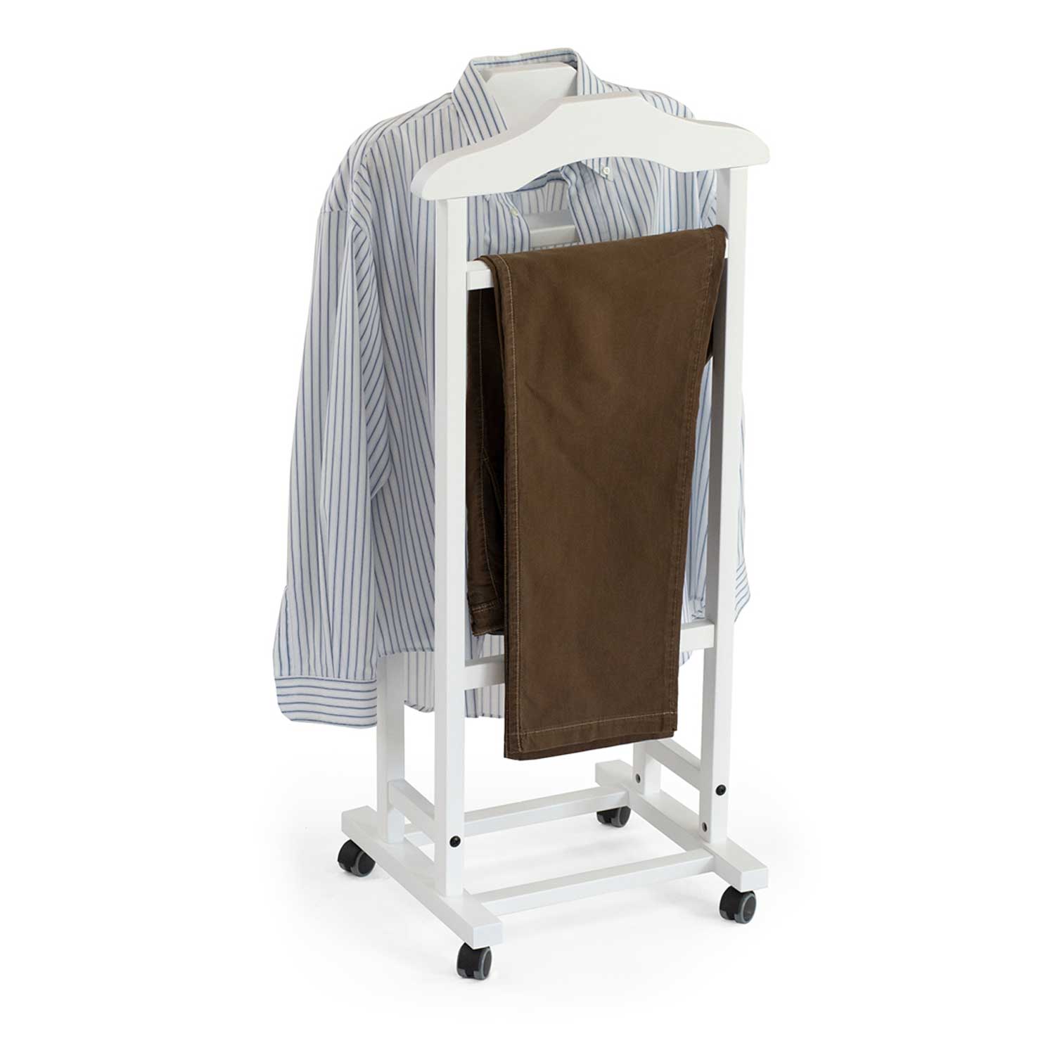 ARIT MIXER - Valet de Nuit, Valet de Chambre Bois, Composé de 2 Cintres, Porte-Pantalon, Tablette de Rangement et Porte-Jupes, Couleur Blanc