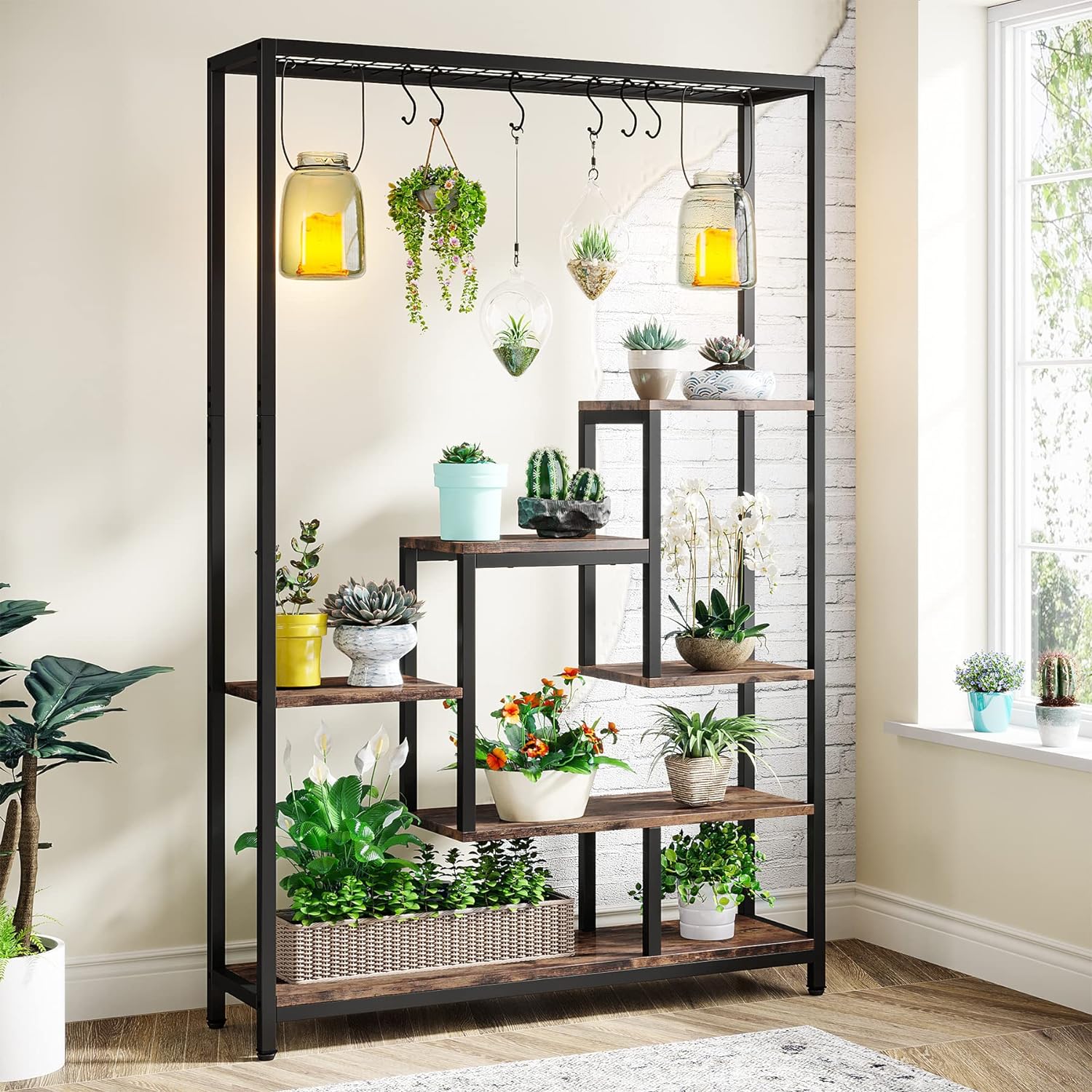 Tribesigns - Porte Plantes, Étagère pour Plantes, Support de Plante, Étagère à Fleurs de 180,1 cm avec 10 crochets de suspension en S, Noir et Gris
