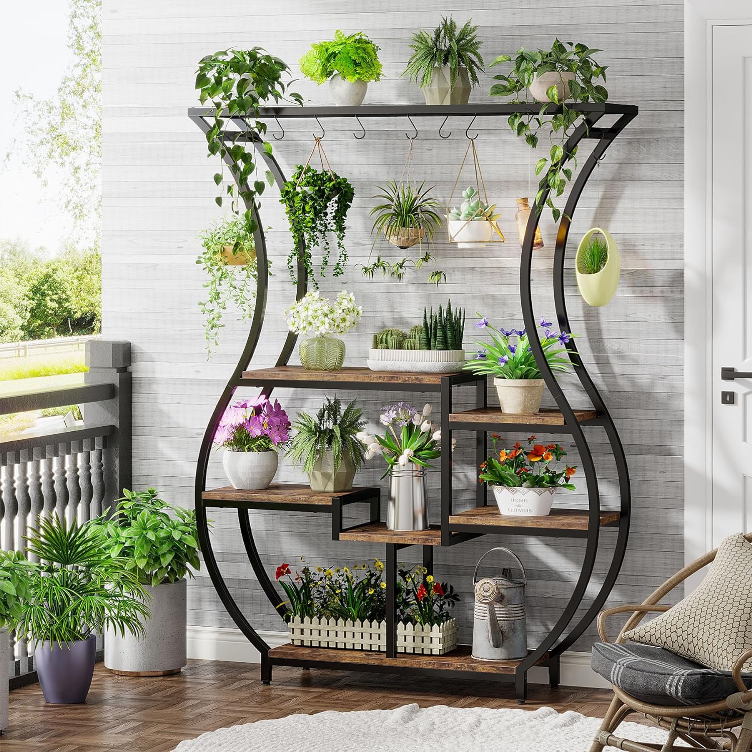 Tribesigns - Porte Plantes, Étagère pour Plantes, Support de Plante d'intérieur 6 Étages pour 7 Pots de Fleurs, Étagère à Fleurs, Brun et Noir