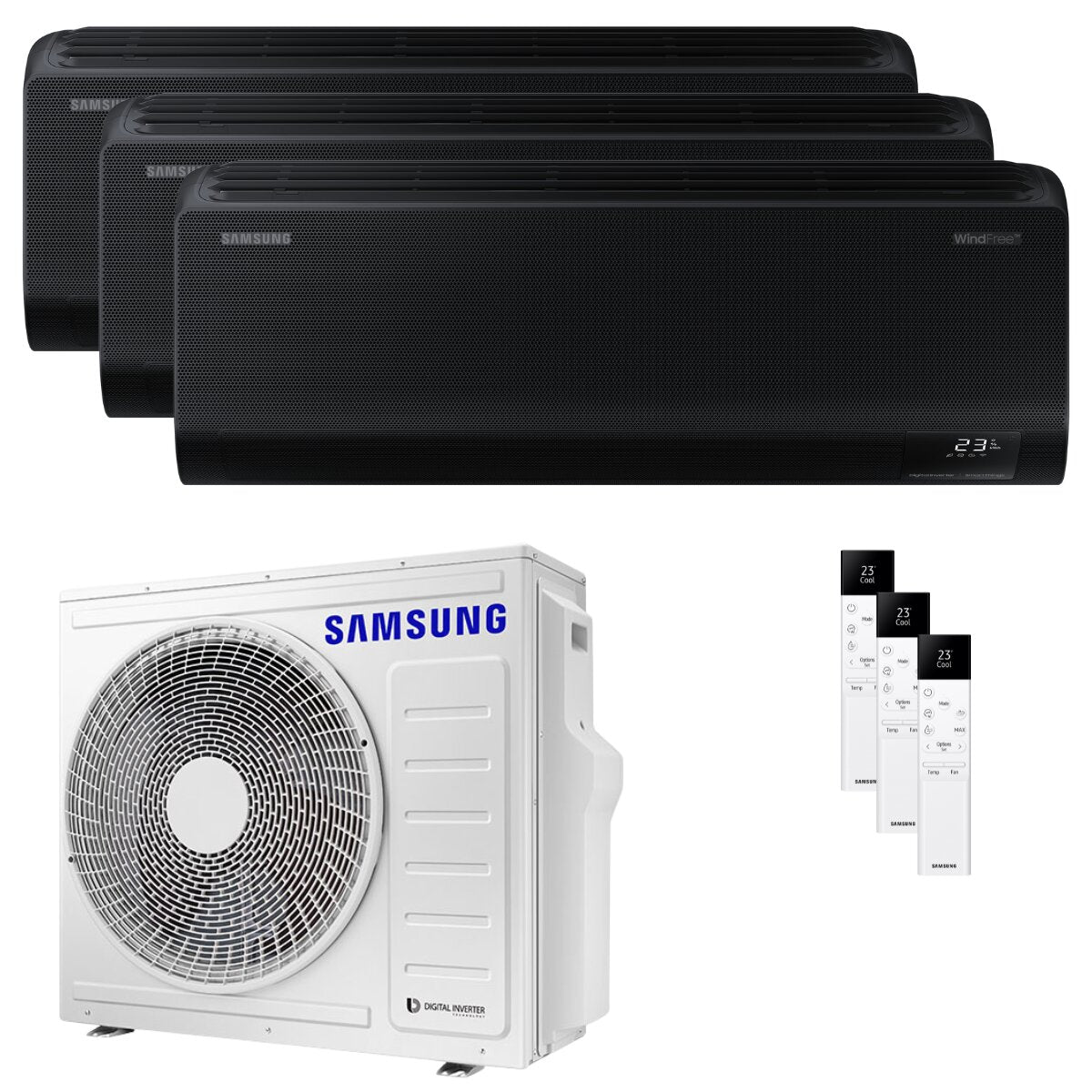 Samsung Windfree Black trial split air conditioner 9000+12000+12000 BTU inverter A++ wifi external unit 6.8 kW