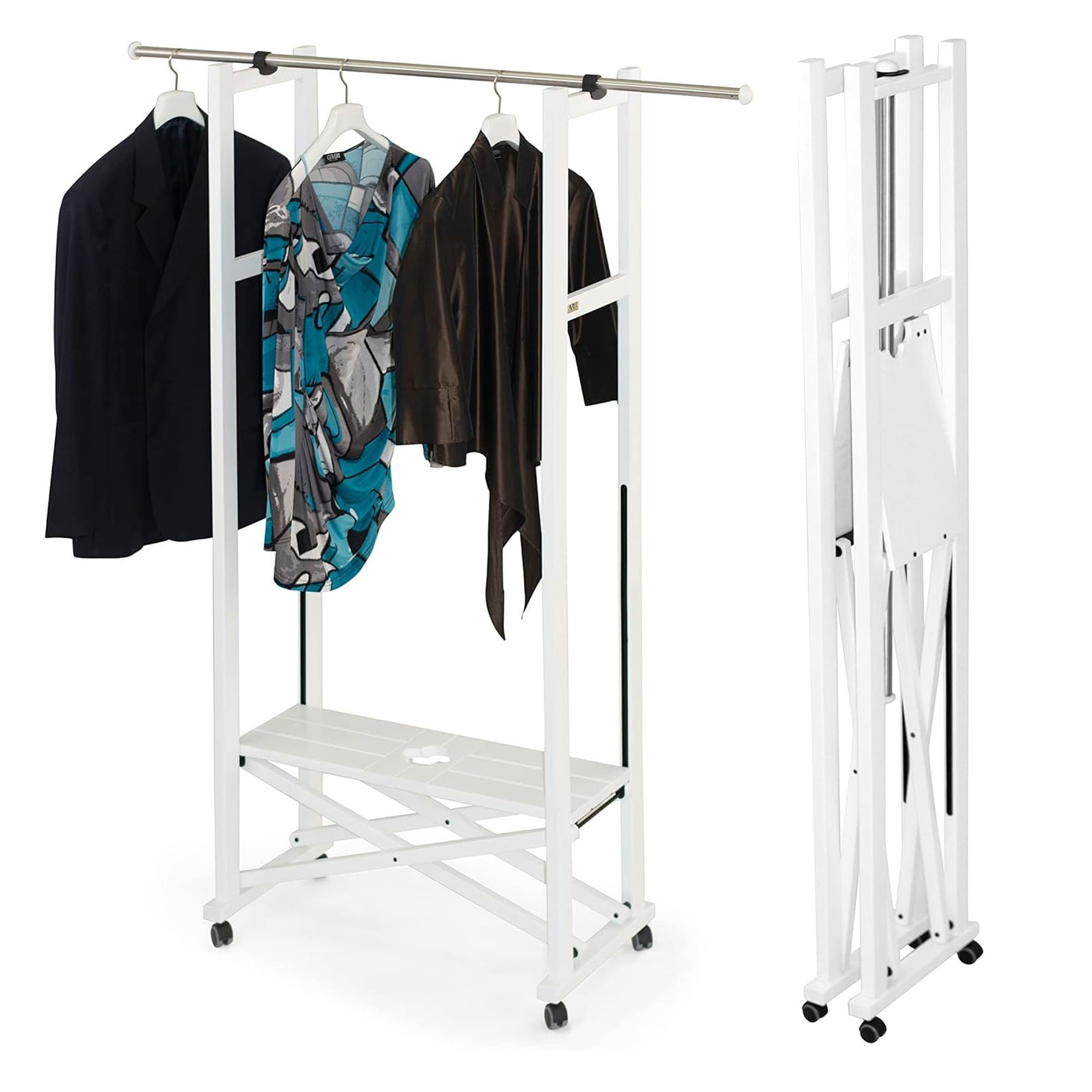 ARIT ELIOS - Portant Vetement Bois, de Hêtre, Penderie, sur Roulettes, Made in Italy, Portant a Vêtement Pliable, Tringle Extensible, Couleur Blanc