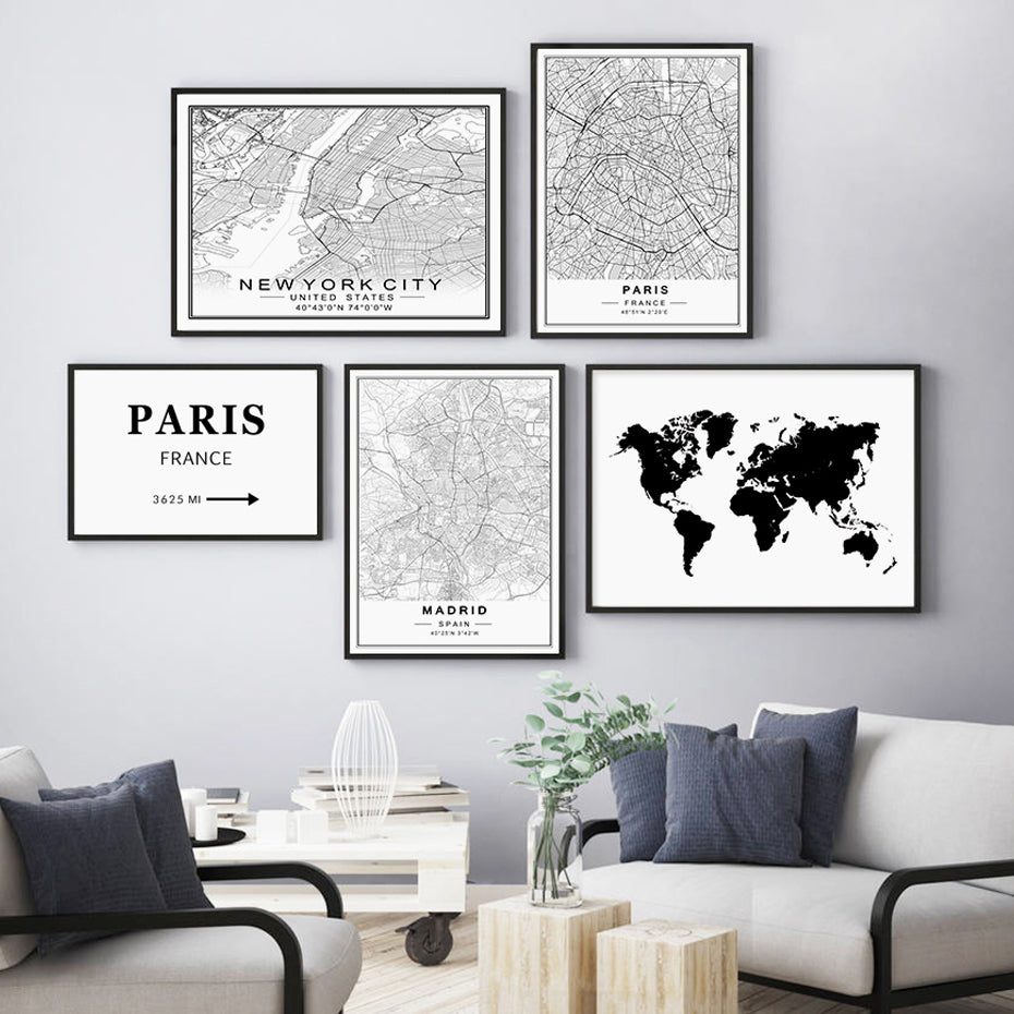 Toile avec cartes de villes du monde, Paris, dubaï, New York | Map