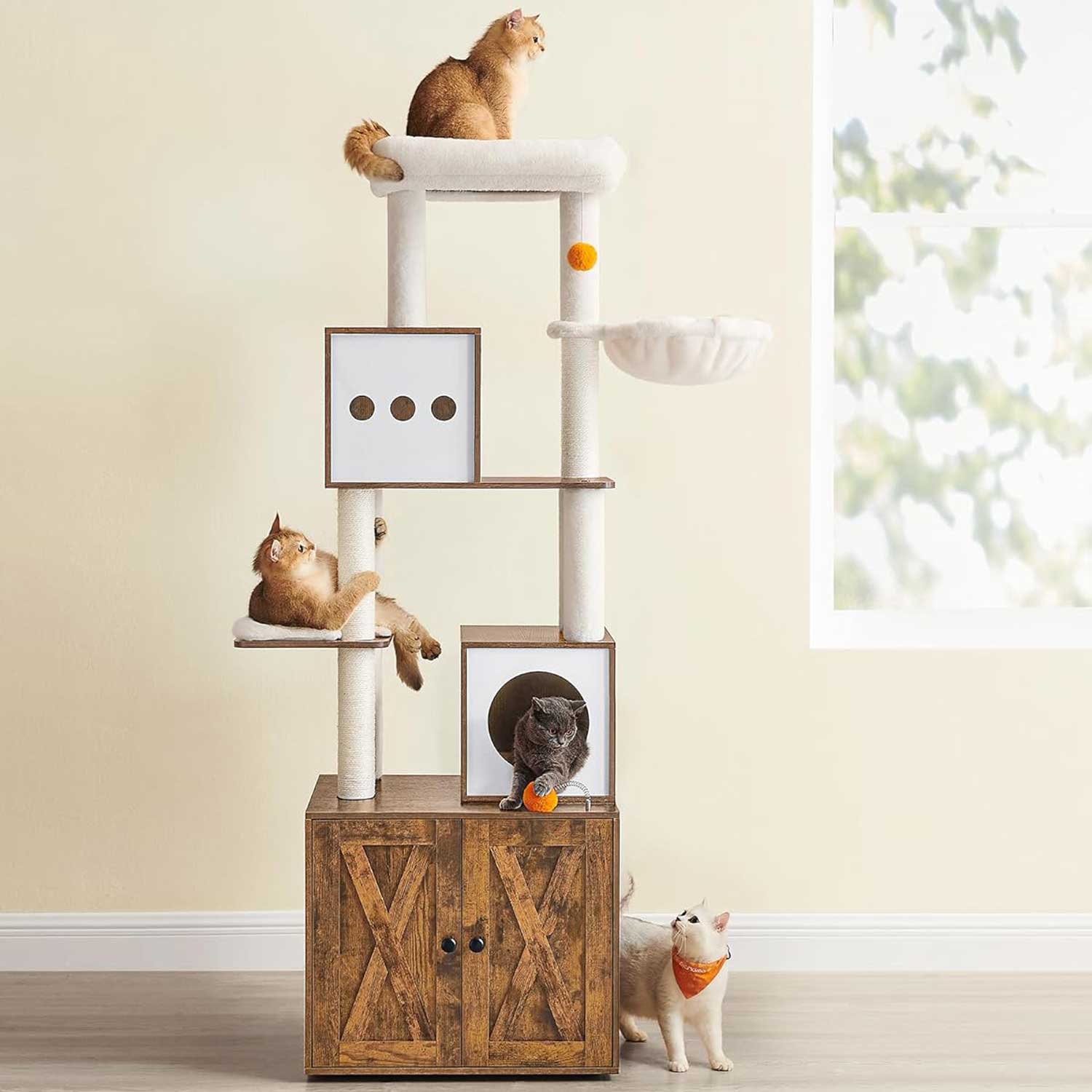 Feandrea - Arbre a Chat, Tour à Griffer Chat, Maison de Toilette pour Chat, Tour de Jeu avec Tapis Lavables, Hauteur 185 cm, Marron Rustique