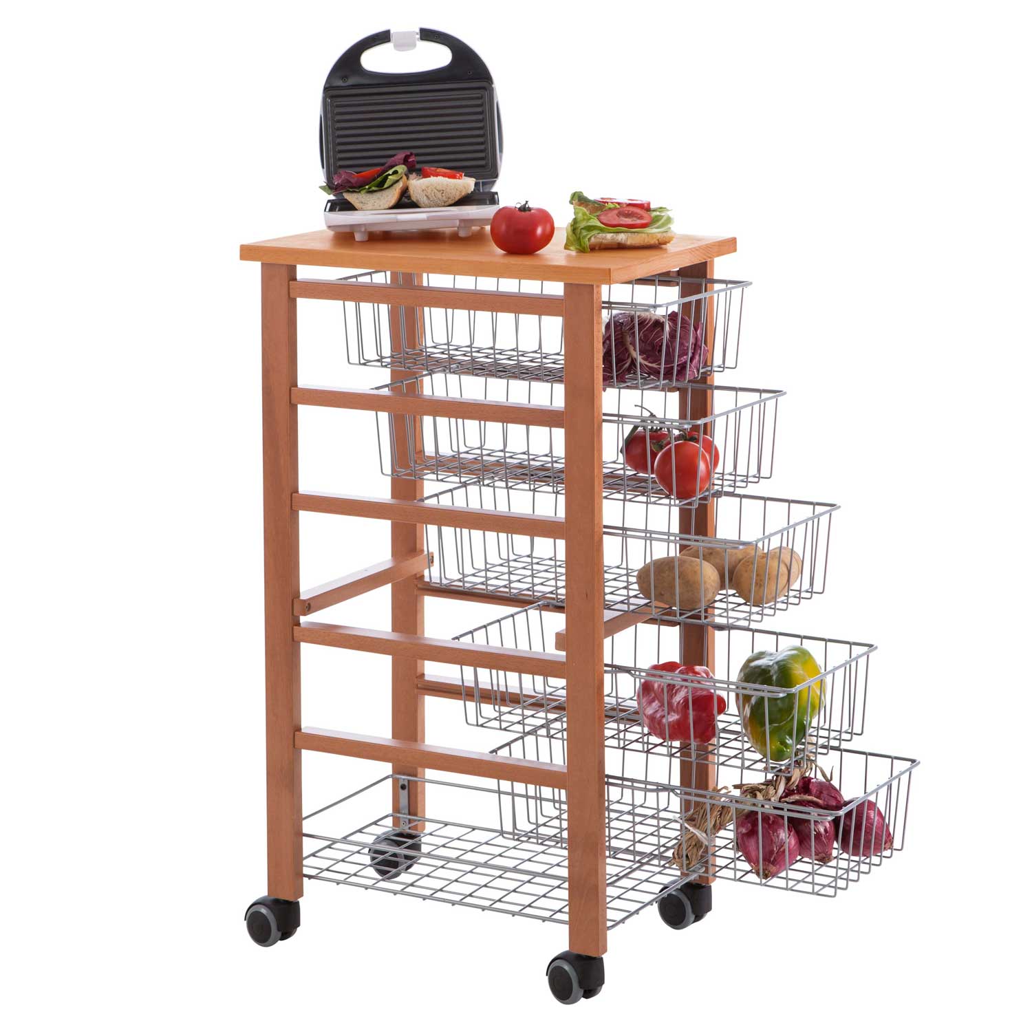 ARIT - Chariot de cuisine OLIVER, Desserte Cuisine, Desserte a Roulette, Desserte Bois, 5 cestelli scorrevoli - Couleur ciliegio