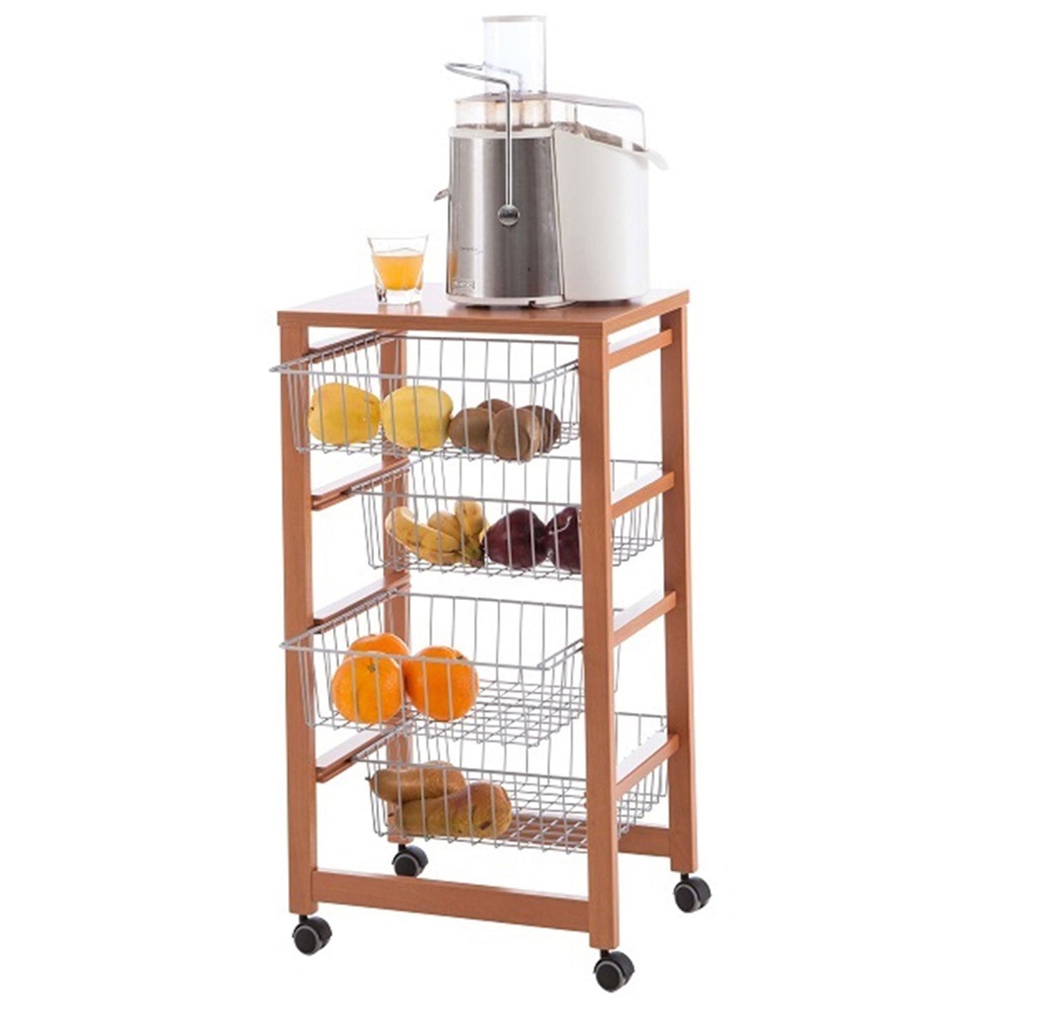 ARIT GINGERONE - Chariot de cuisine, Desserte Cuisine, Desserte a Roulette, Desserte Bois, 4 paniers coulissants, Couleur Cerise