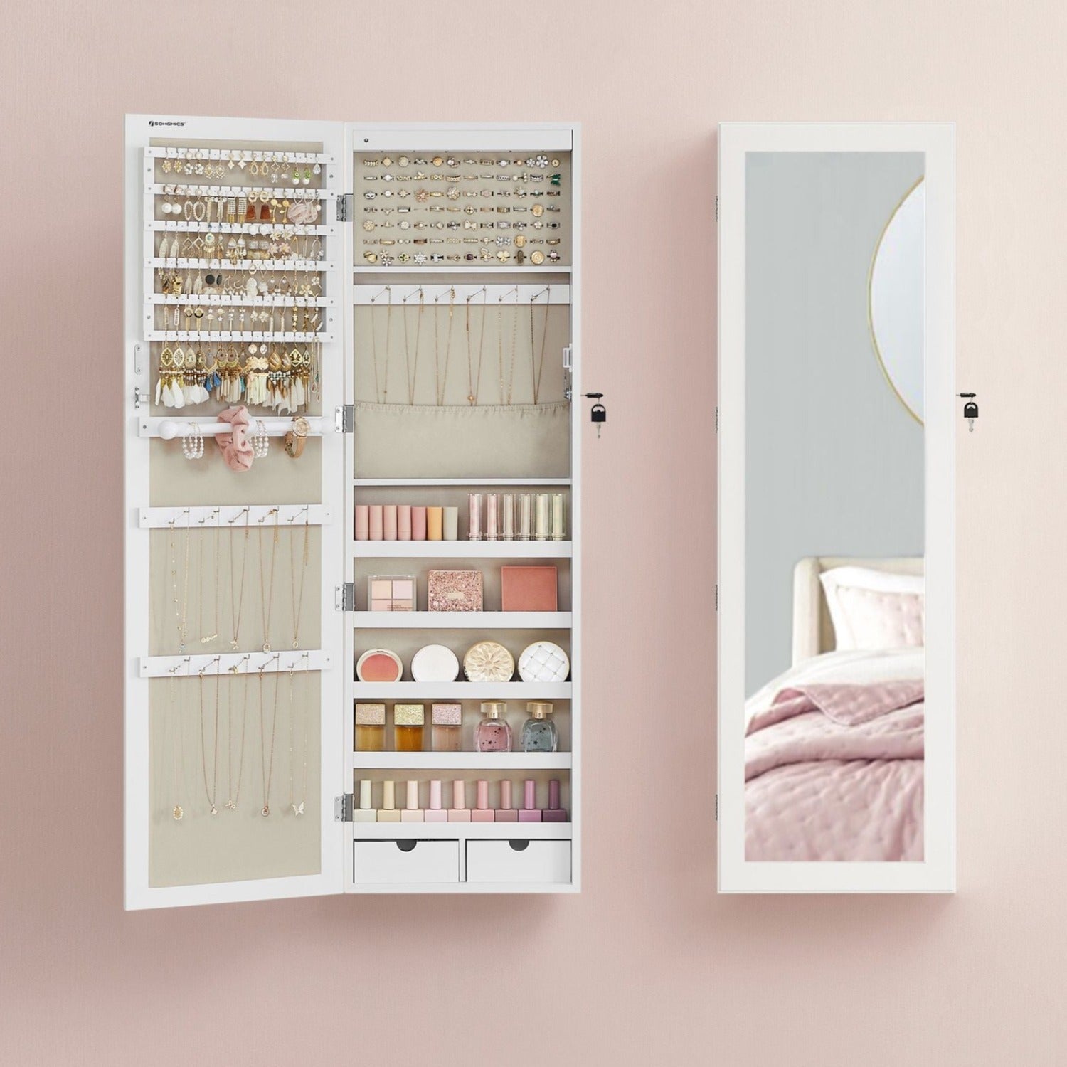 SONGMICS - Armoire à Bijoux, Meuble de Rangement Mural pour Colliers, Boucles d’Oreilles, Placard à Accessoires, avec Miroir, Blanc
