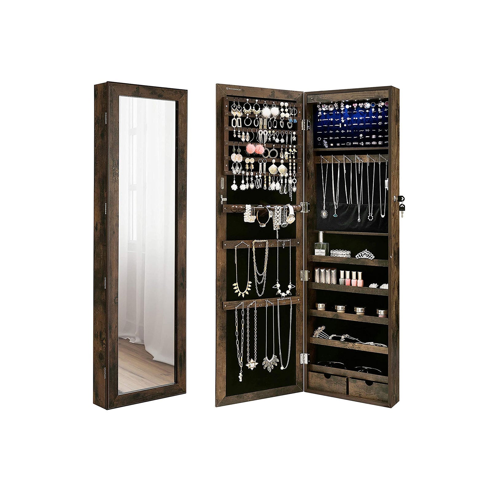 SONGMICS - Armoire à Bijoux, Meuble de rangement mural, Placard à accessoires, avec miroir, divers compartiments, Marron rustique