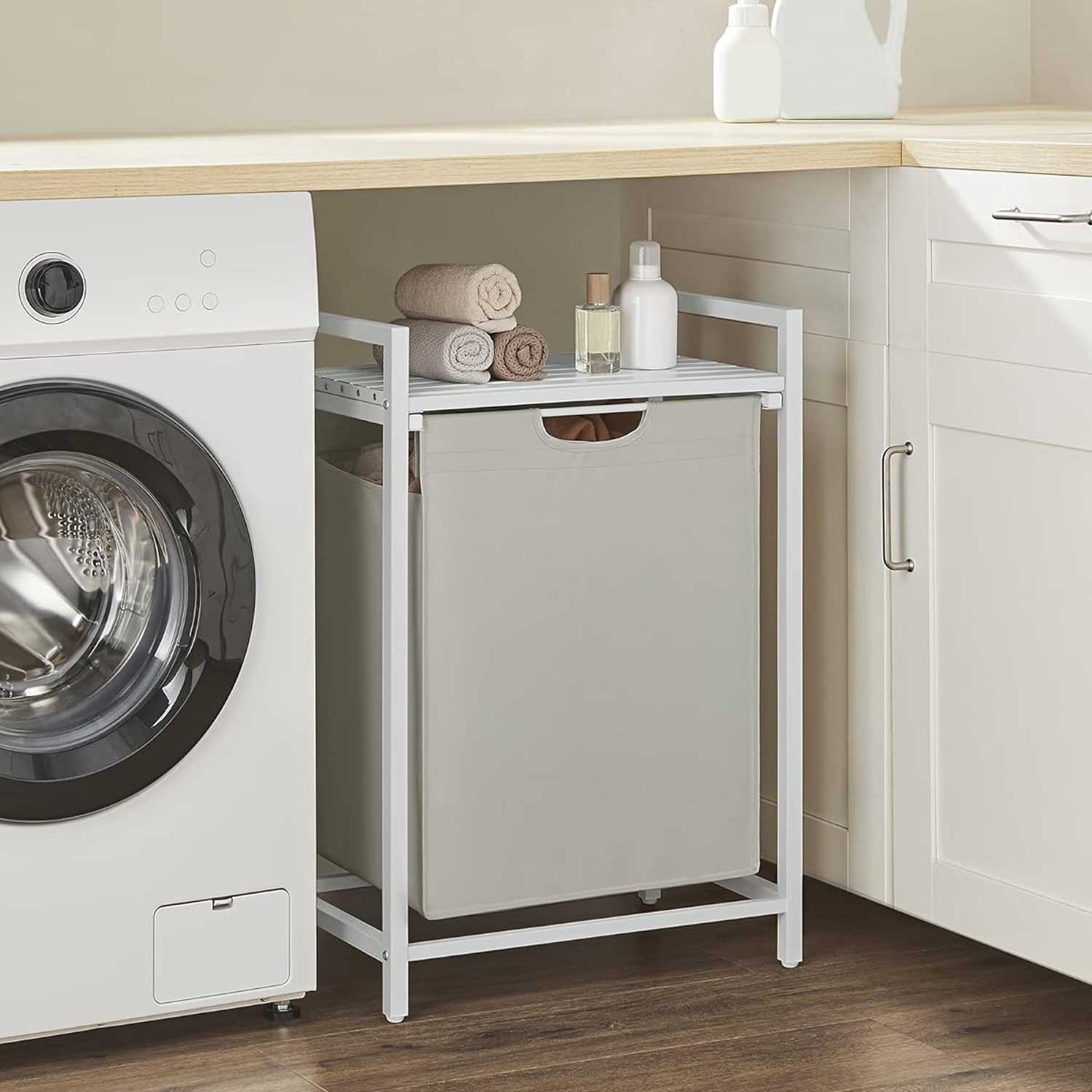 VASAGLE - Meuble Panier à Linge Coulissant et Amovible, Etagère, Structure en Métal, 65L, 50 x 33 x 72 cm, Blanc