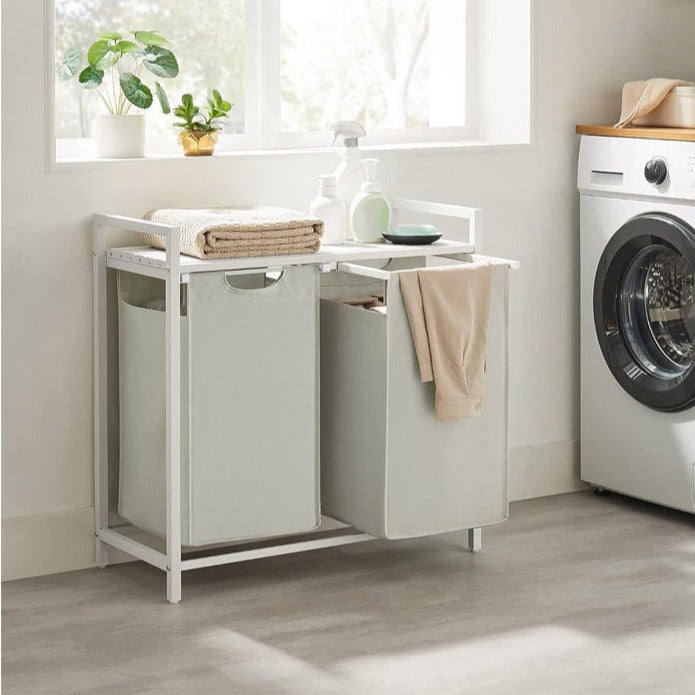 VASAGLE - Meuble Panier à Linge, Meuble Linge Sale, 2x46L, Corbeille à Linge Sale, Rangement Lessive, avec Étagère, 2 Sacs Amovibles en Tissu Oxford