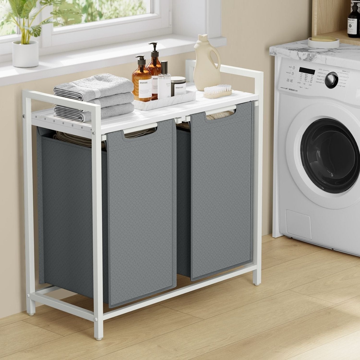 VASAGLE - Panier à Linge, 2 x 46L, Corbeille à Linge, Meuble Panier à Linge, 2 Sacs Amovibles en Tissu Oxford, Étagère, Cadre en Métal, Blanc et Gris