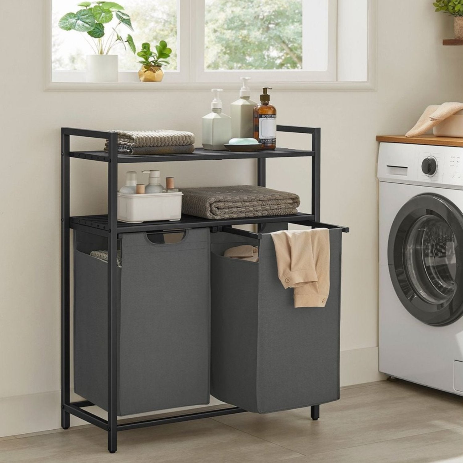 VASAGLE - Panier à Linge, 2 x 46L, Corbeille à Linge, 2 Étagères, Meuble Panier à Linge, 2 Sacs Amovibles en Tissu Oxford,Cadre en Métal, Noir Gris