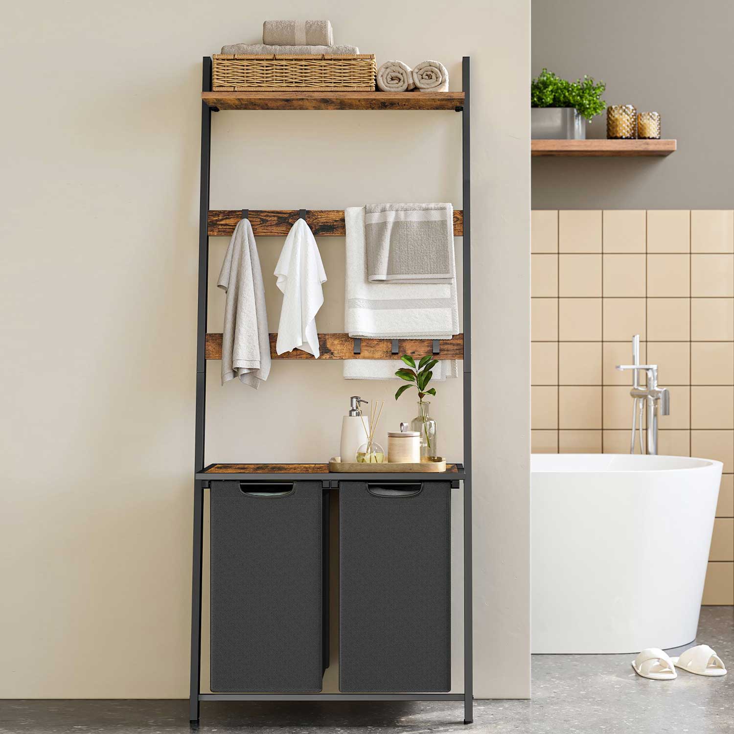 VASAGLE - Meuble Salle de Bain avec Panier à Linge, Meuble Linge Sale avec 2 Compartiment, 2 Sacs x 46L, Crochets, 73x33x177 cm, Vintage Marron-Noir