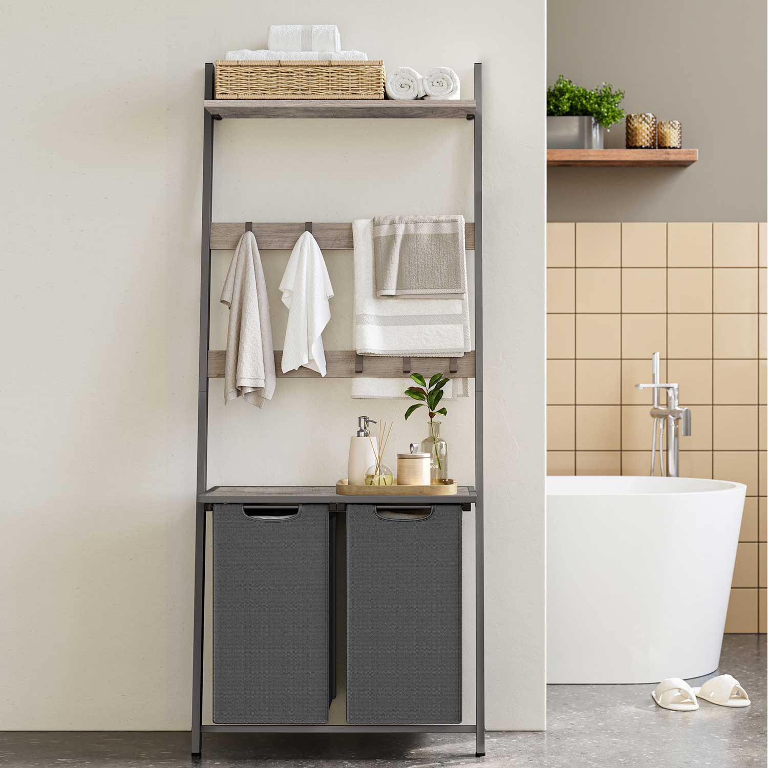 VASAGLE - Meuble Panier à Linge, Meuble Linge Sale, Porte-Serviettes + Étagère + 2 Compartiment (92L) avec Sacs Amovibles, Grège Mélangé/Gris Ardoise