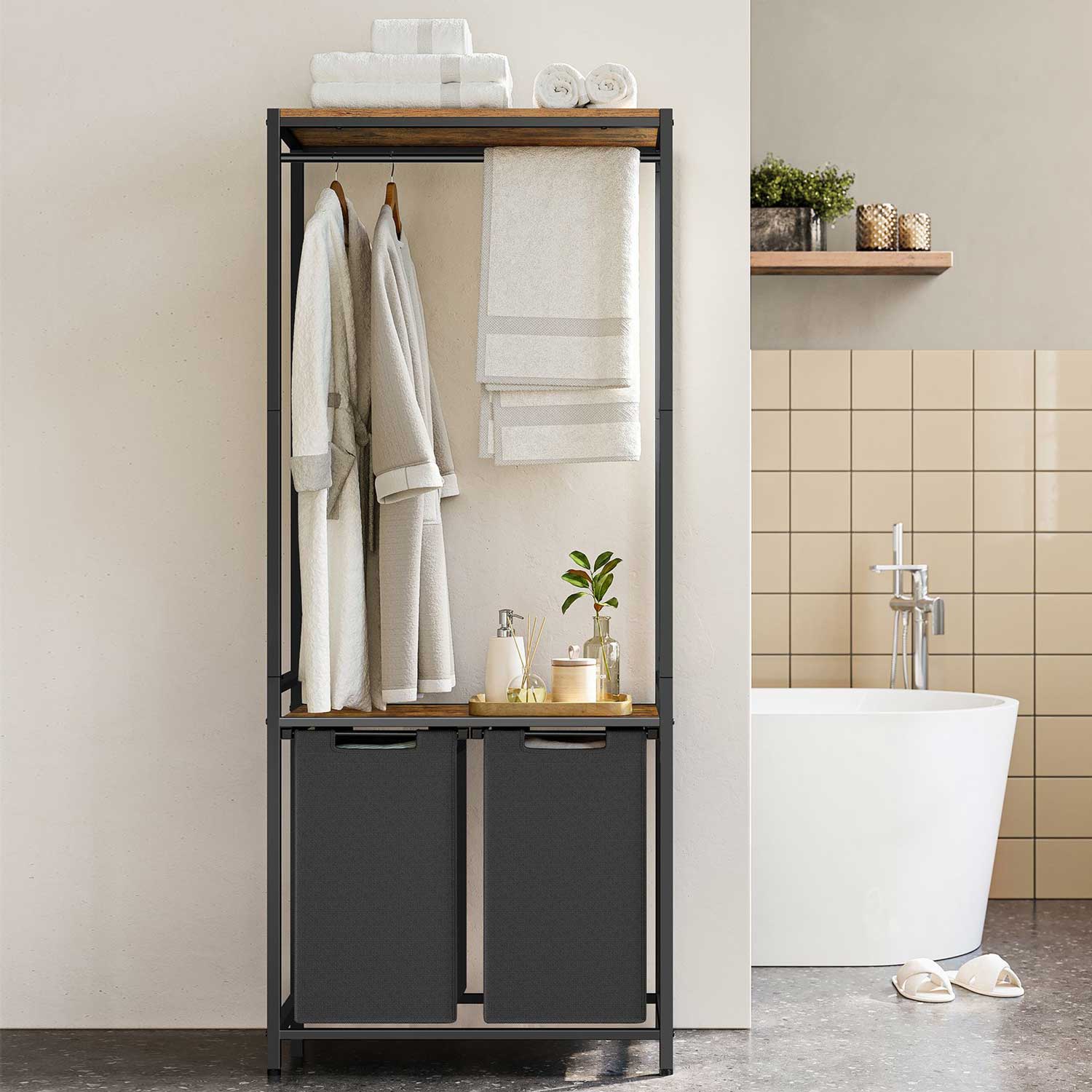 VASAGLE - Meuble Linge Sale, Meuble Panier à Linge, Meuble Salle de Bain avec Tringle à Vêtements, 2 Compartiment, 92L, 73x33x177 cm, Marron et Noir