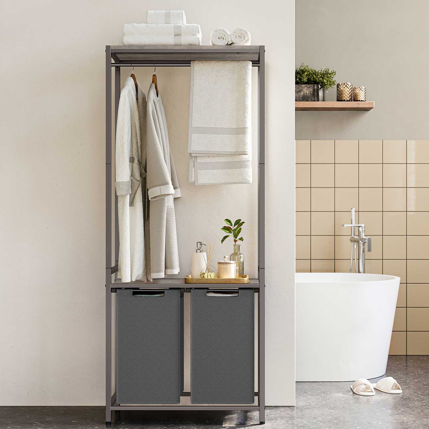 VASAGLE - Meuble Panier à Linge, Meuble Linge Sale, Panier Linge + Tringle à Vêtements, 2 Compartiment/Sacs Amovibles, 92L, 73x33x177cm, Grège et Gris