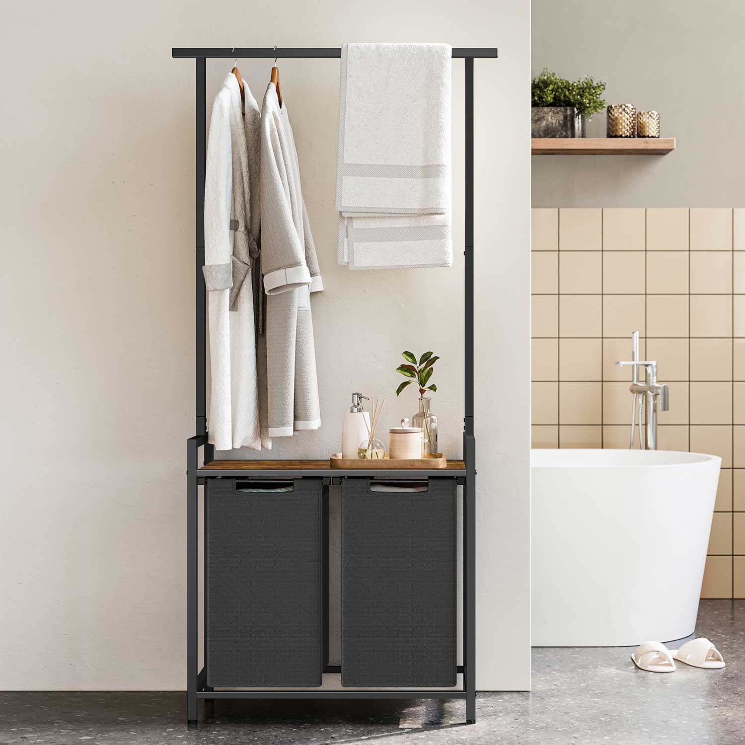 VASAGLE - Meuble Panier à Linge, Meuble Linge Sale, Barre à Vêtements + 2 Compartiment, Sacs Amovibles, 2x46 L, 73x33x177 cm, Vintage Marron-Noir