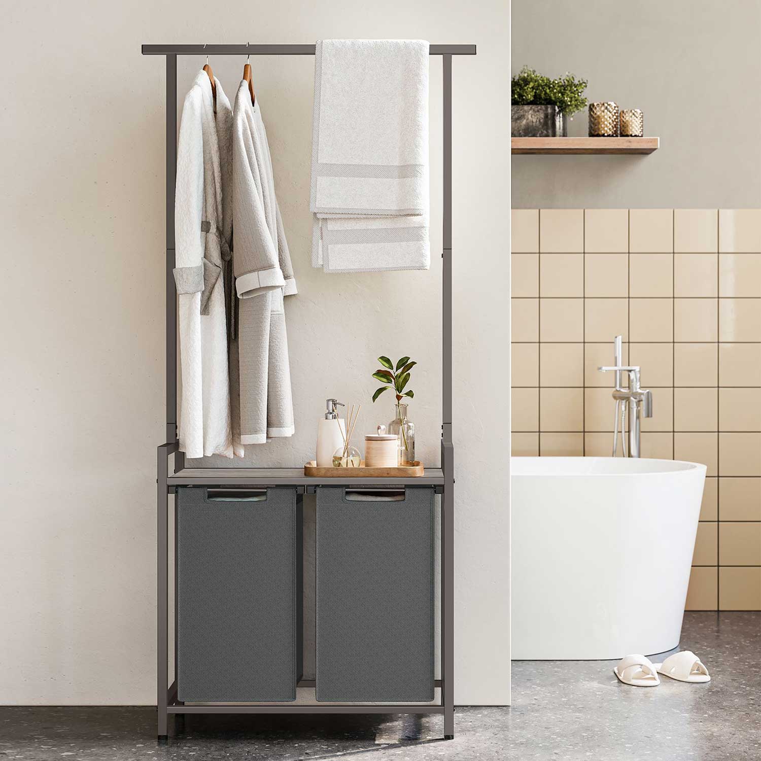 VASAGLE - Meuble Linge Sale, Meuble Panier à Linge, avec Barre à Vêtements, 2 Compartiment x 46 L, 73x33x177 cm, Grège Mélangé et Gris Ardoise