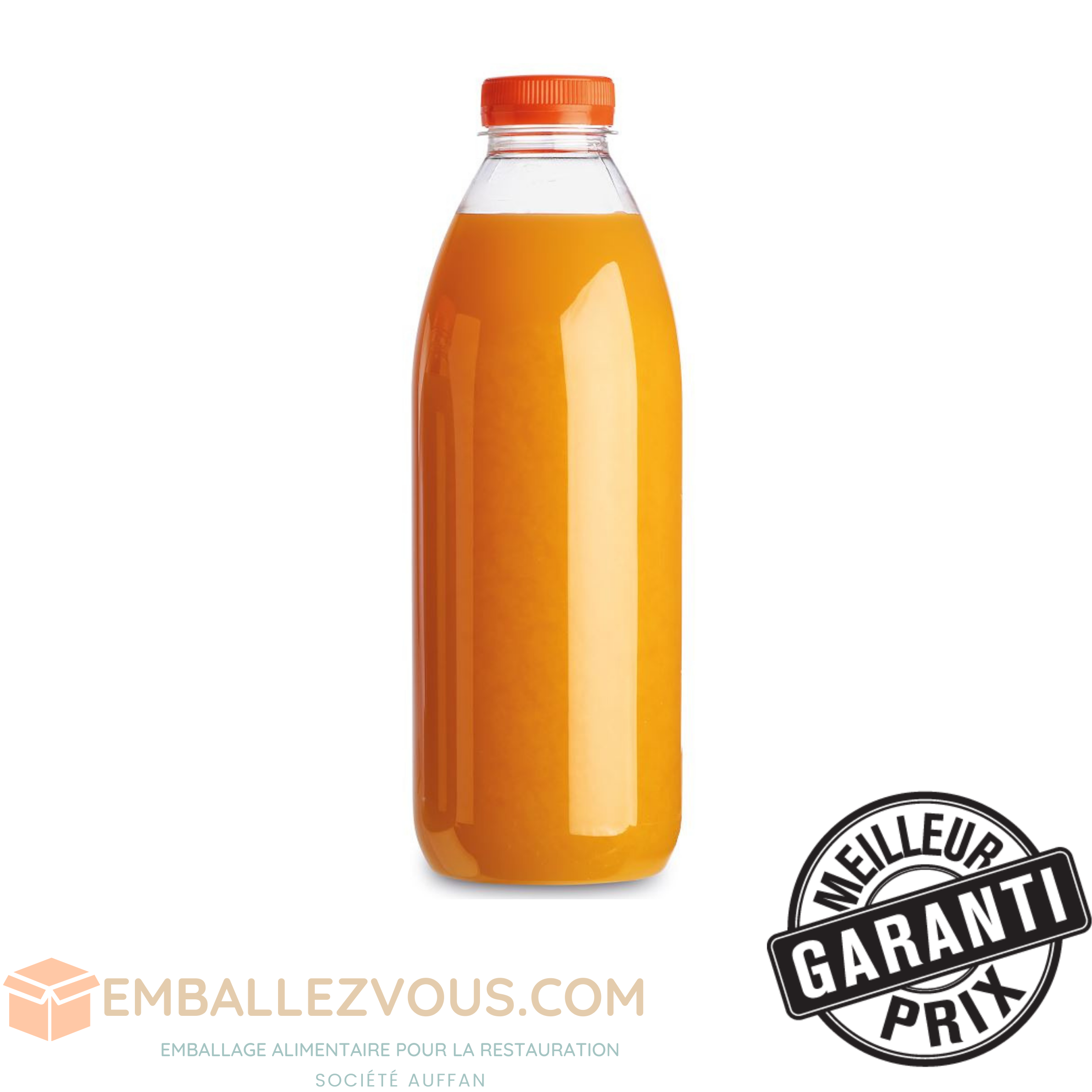 Bouteilles transparentes à bouchons orange pour jus de fruits 1L - vendu par 74.