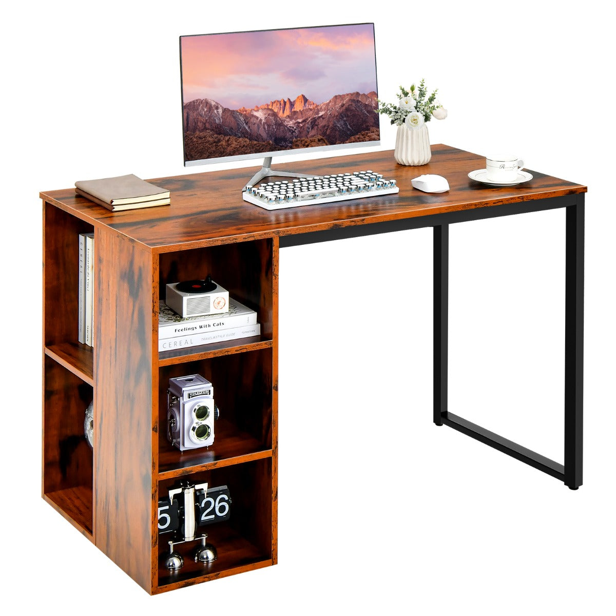Costway - Bureau Ordinateur, Bureau Informatique, Bureau Moderne, Table de Bureau, Poste de Travail avec 5 Compartiments Cadre, 115x59,5x75cm, Marron