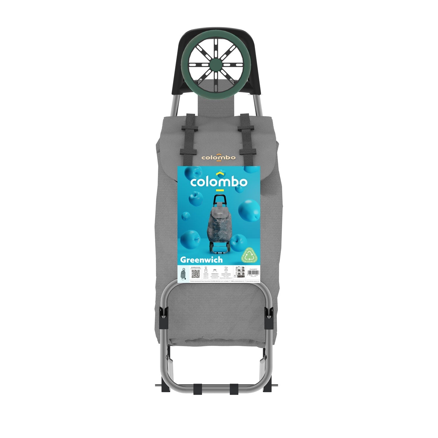 Colombo GREENWICH - Chariot de Course, Chariot de Course Solide, Capacité maximale 40 L, Sac polyester imperméable, Gris