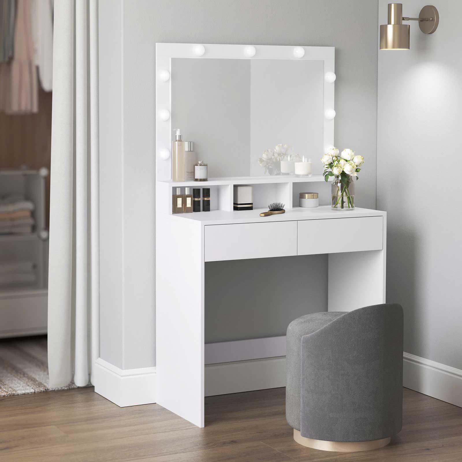 VASAGLE - Coiffeuse, Grand Miroir LED à Luminosité Réglable, Table de Maquillage avec Miroir, 2 Tiroirs et 3 Compartiments, Coin Beauté, Blanc