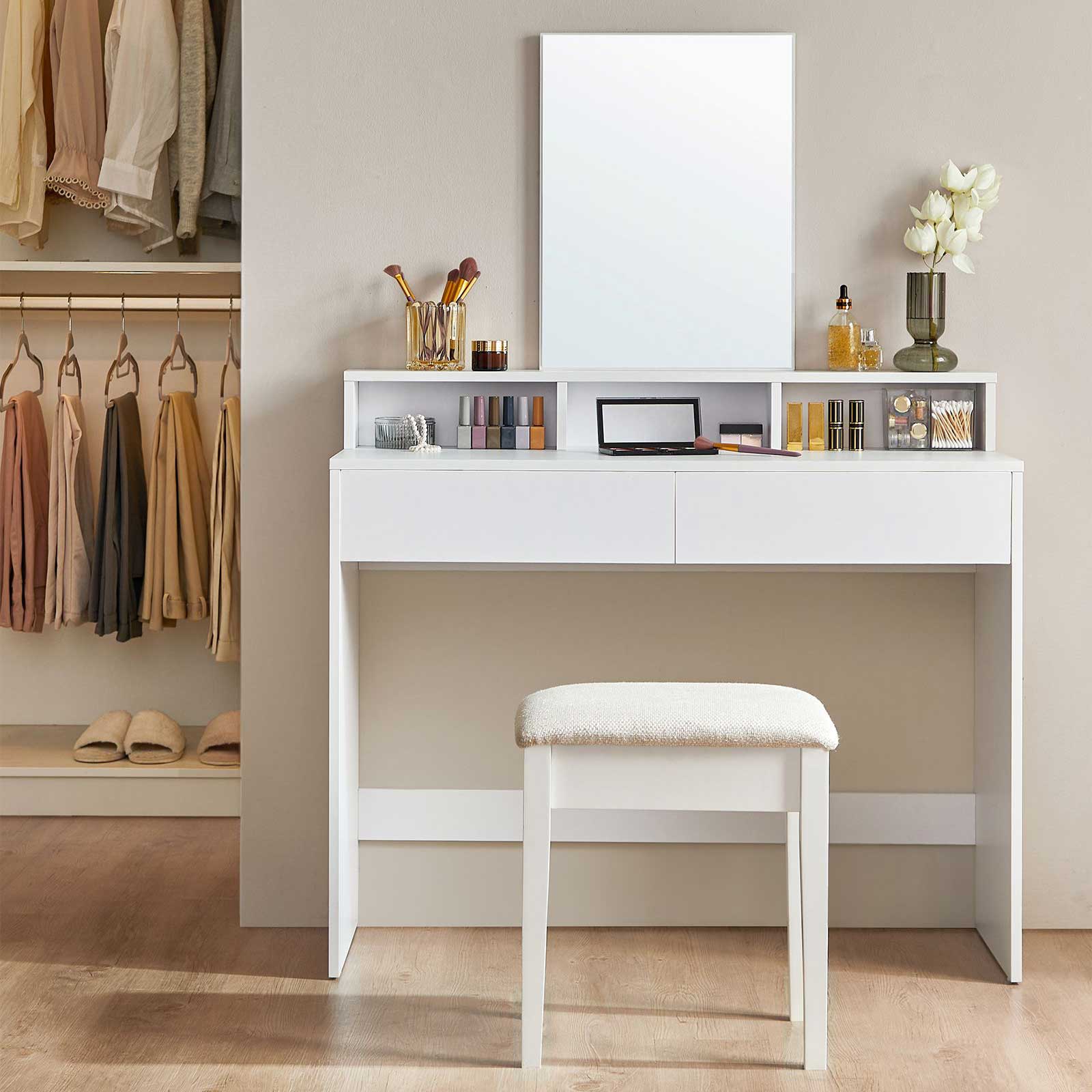 VASAGLE - Coiffeuse avec Grand Miroir, Table de Maquillage, avec 2 Tiroirs et 3 Compartiments, Style Moderne, Blanc