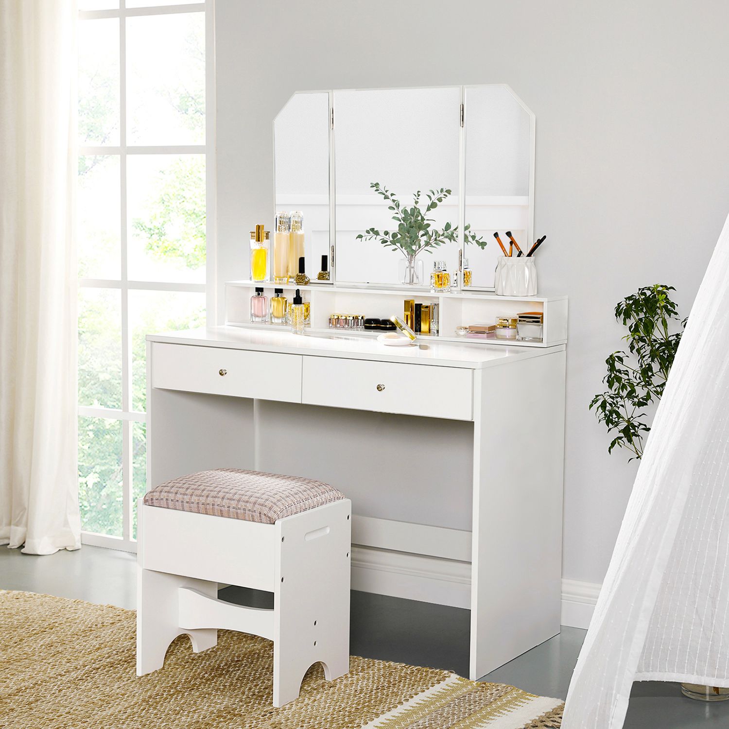 VASAGLE - Coiffeuse avec Miroir Pliable, Table de Maquillage, avec 2 tiroirs et 3 Compartiments de Rangement, Style Moderne, Blanc
