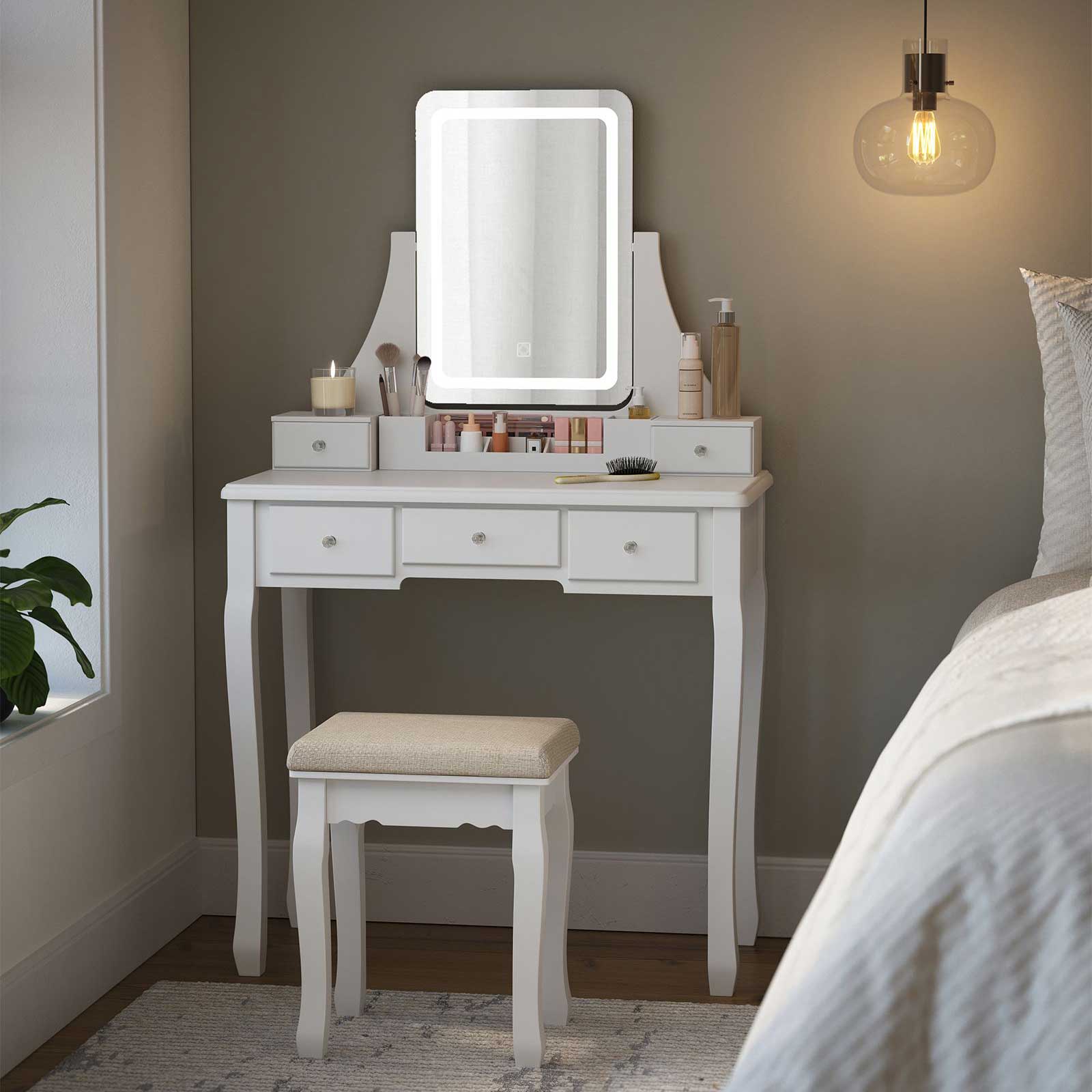 VASAGLE - Coiffeuse avec Miroir avec LED 3 Couleurs, Table de Maquillage, avec 5 tiroirs et 1 Organisateur de Rangement Amovible, Blanc