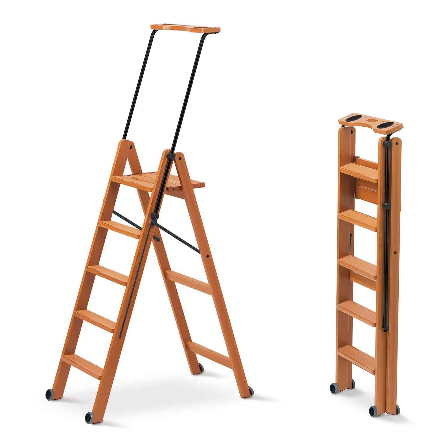 ARIT TUSCANIA 5 - Escabeau Bois, 5 Marches antidérapantes, Escabeau Pliable, Système de Sécurité, Compartiment de rangement supérieur, Roulettes