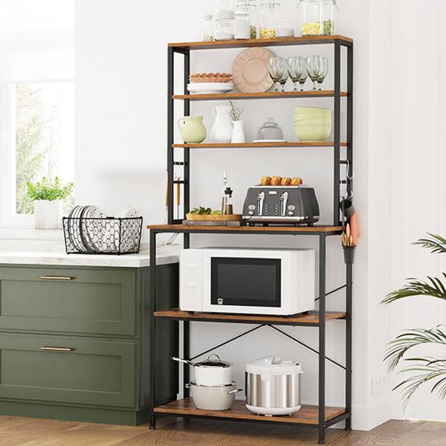 VASAGLE - Étagère Cuisine, 6 Étagères et 6 Crochets, Etagere sur Pied, 40 x 80 x 167 cm,  Etagere Micro Onde, Étagère métallique, Marron Rustique