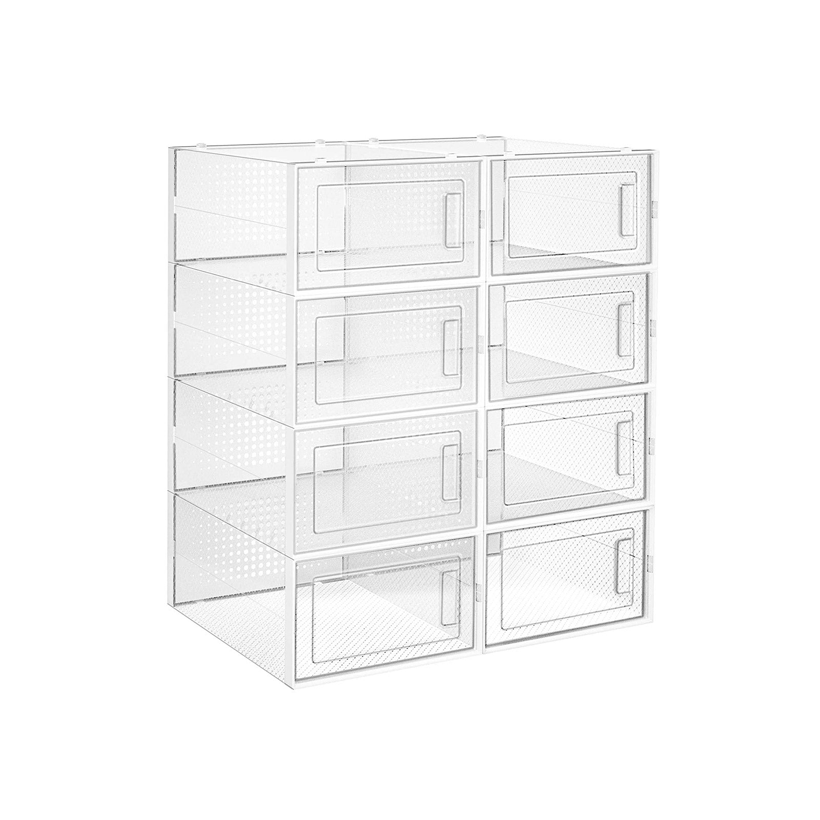 SONGMICS - Boite a chaussure, Lot de 8, Boite Rangement Chaussures, rangement chaussures placard, Pliable, Pointure jusqu’à 44, Transparent et Blanc