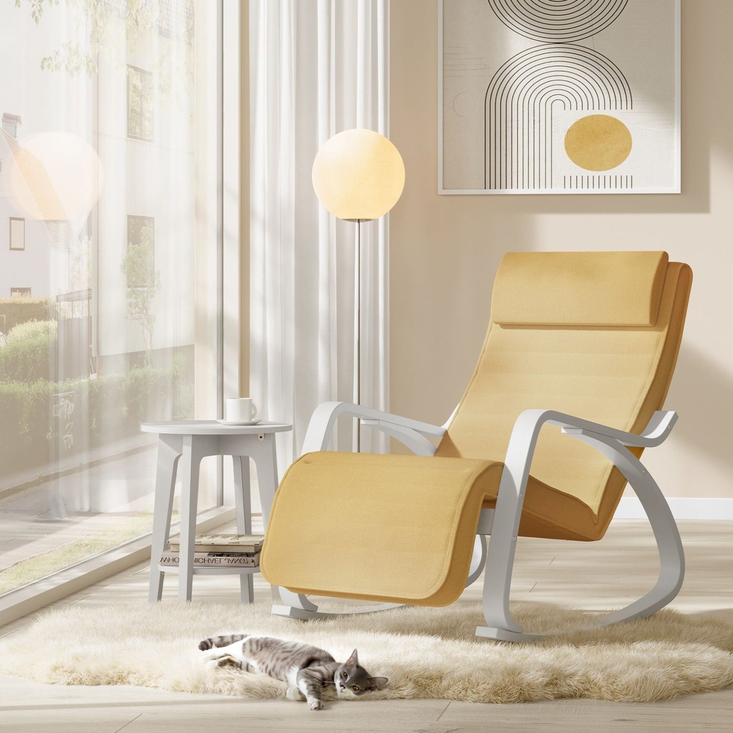 SONGMICS - Fauteuil à Bascule, avec Accoudoirs en Bois, Chaise Berçante avec Repose-Pied Réglable, Capacité 150 kg, Jaune Canard et Blanc