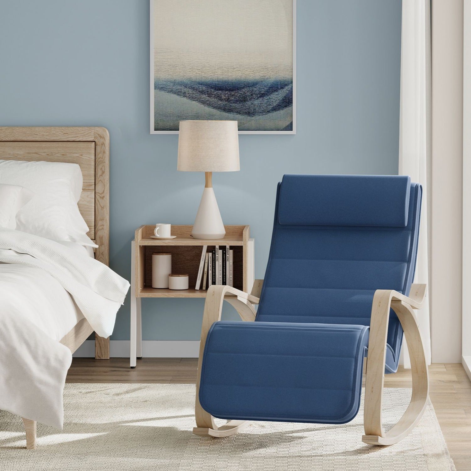 SONGMICS - Fauteuil à Bascule, avec Accoudoirs en Bois, Chaise Berçante avec Repose-Pieds Réglable, Capacité 150 kg, Bleu Minuit et Couleur Boisée