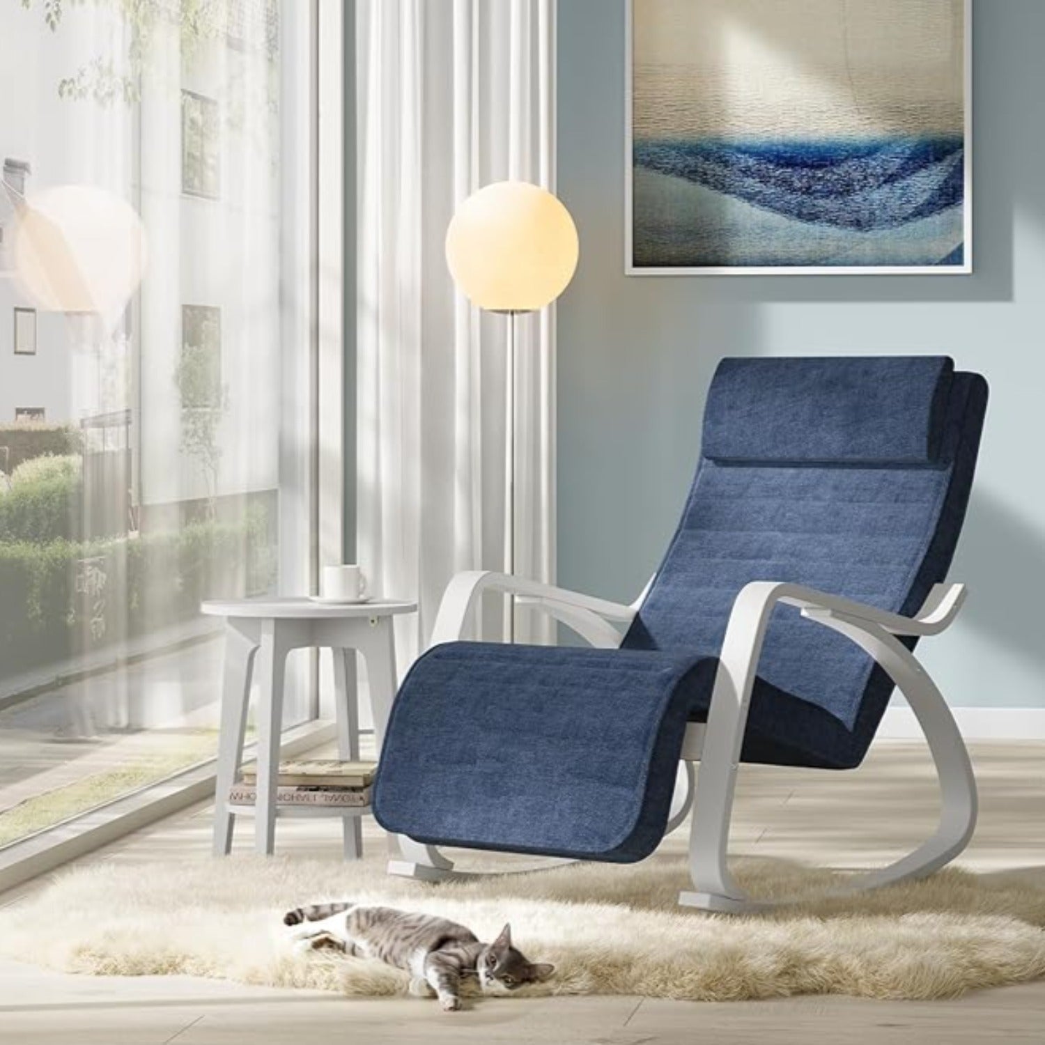 SONGMICS - Fauteuil à Bascule, avec Accoudoirs en Bois, Chaise Berçante avec Repose-Pieds Réglable, Capacité 150 kg, Bleu Minuit et Blanc