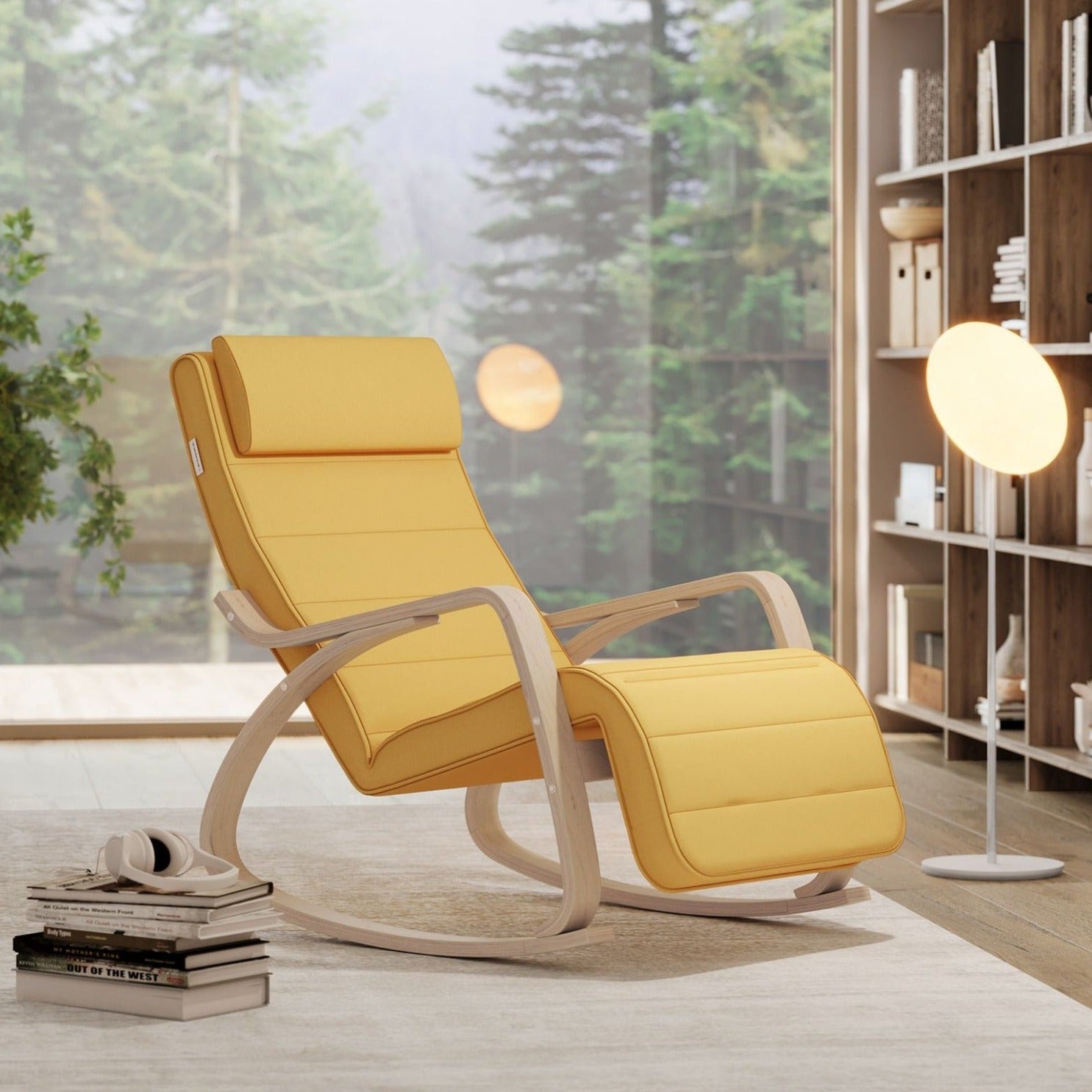 SONGMICS - Fauteuil à Bascule, avec Accoudoirs en Bois, Chaise Berçante avec Repose-Pieds Réglable, Capacité 150 kg, Jaune Canard et Couleur Boisée