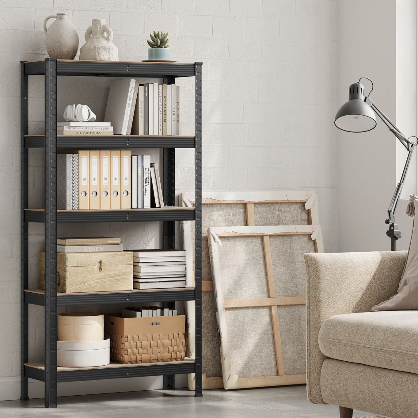 SONGMICS - Étagère, Etagere metal, 5 Niveaux, 30x75x150cm, Etagere charge lourde, Capacité 650kg, Planches Réglables, Style Industriel, Boisée et Noir