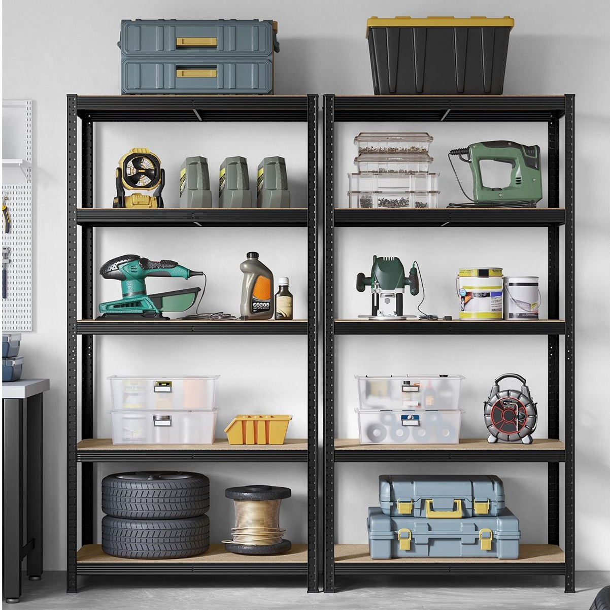 SONGMICS - Etagere metal, Lot de 2, Etagere charge lourde, 5 Niveaux, Étagère garage, 50x100x200 cm, Capacité 600 kg, Planches Réglables, Noir